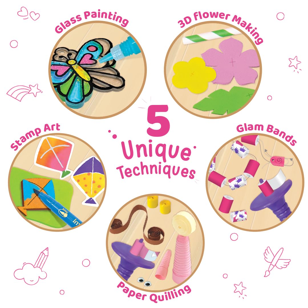 VMMPL Fabulous Craft Kit 5-in-1 Arts & Crafts Set for Kids | DIY Art Kit for Girls Ages 5-9 | Includes Glass Painting, Paper Quilling, Stamp Art & More | 200+ Craft Supplies