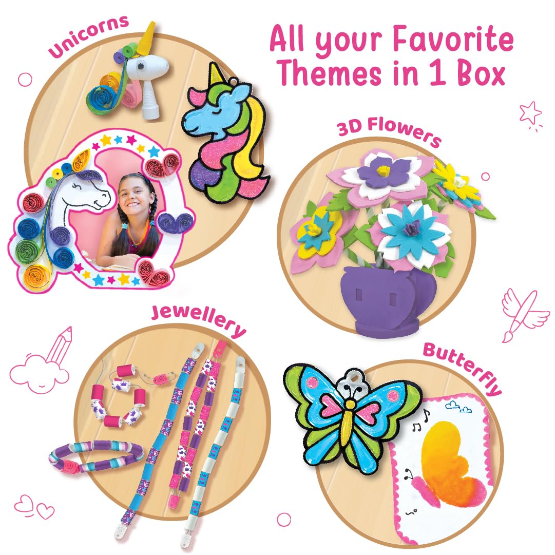 VMMPL Fabulous Craft Kit 5-in-1 Arts & Crafts Set for Kids | DIY Art Kit for Girls Ages 5-9 | Includes Glass Painting, Paper Quilling, Stamp Art & More | 200+ Craft Supplies