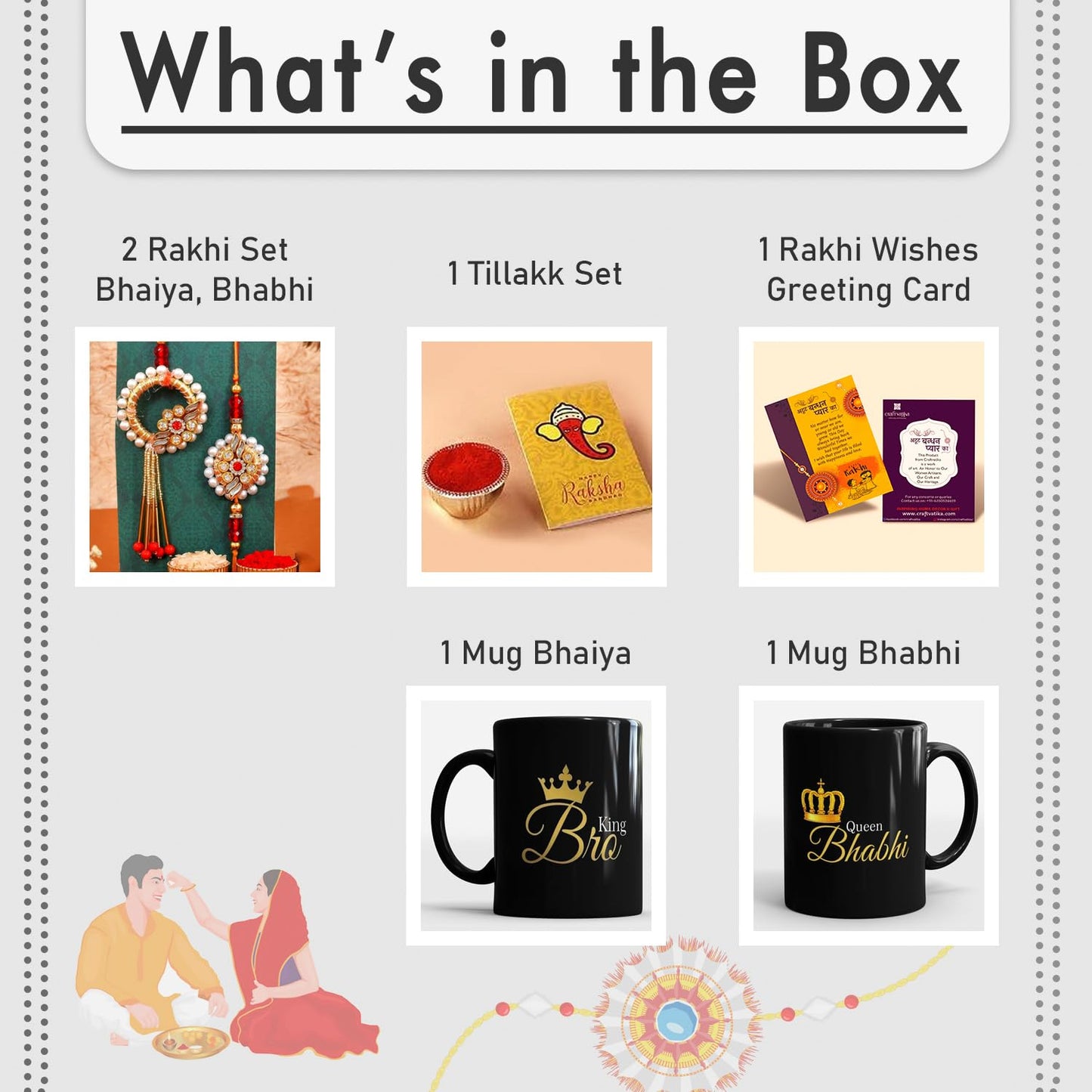 VMMPL Rakhi Gift Combo for Brother & Bhabhi – Set of 2 Kundan Rakhi with King Bhaiya & Queen Bhabhi Printed Mugs, Greeting Card – Rakshabandhan Special