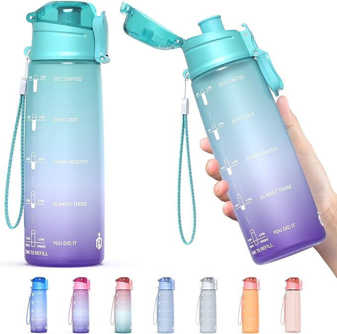Motivational Fitness Sports Water Bottle With Time Marker, BPA Free Tritan Plastic, Leakproof Flip Top, For Gym, Outdoor, Office Work