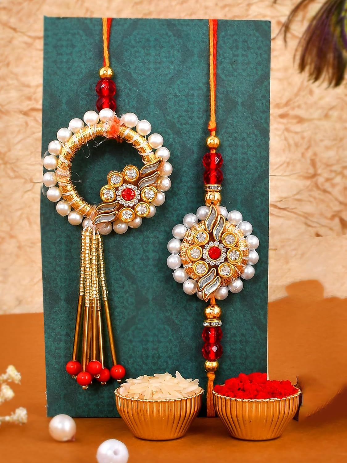 VMMPL Rakhi Gift Combo for Brother & Bhabhi – Set of 2 Kundan Rakhi with King Bhaiya & Queen Bhabhi Printed Mugs, Greeting Card – Rakshabandhan Special