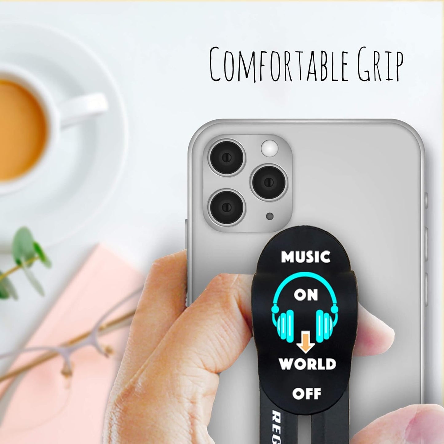 Regor Tabletop Finger Grip & Mobile Holder | Mobile Stand for Hand & Table | Universal Phone Grip & Selfie Stand (Black β Music)