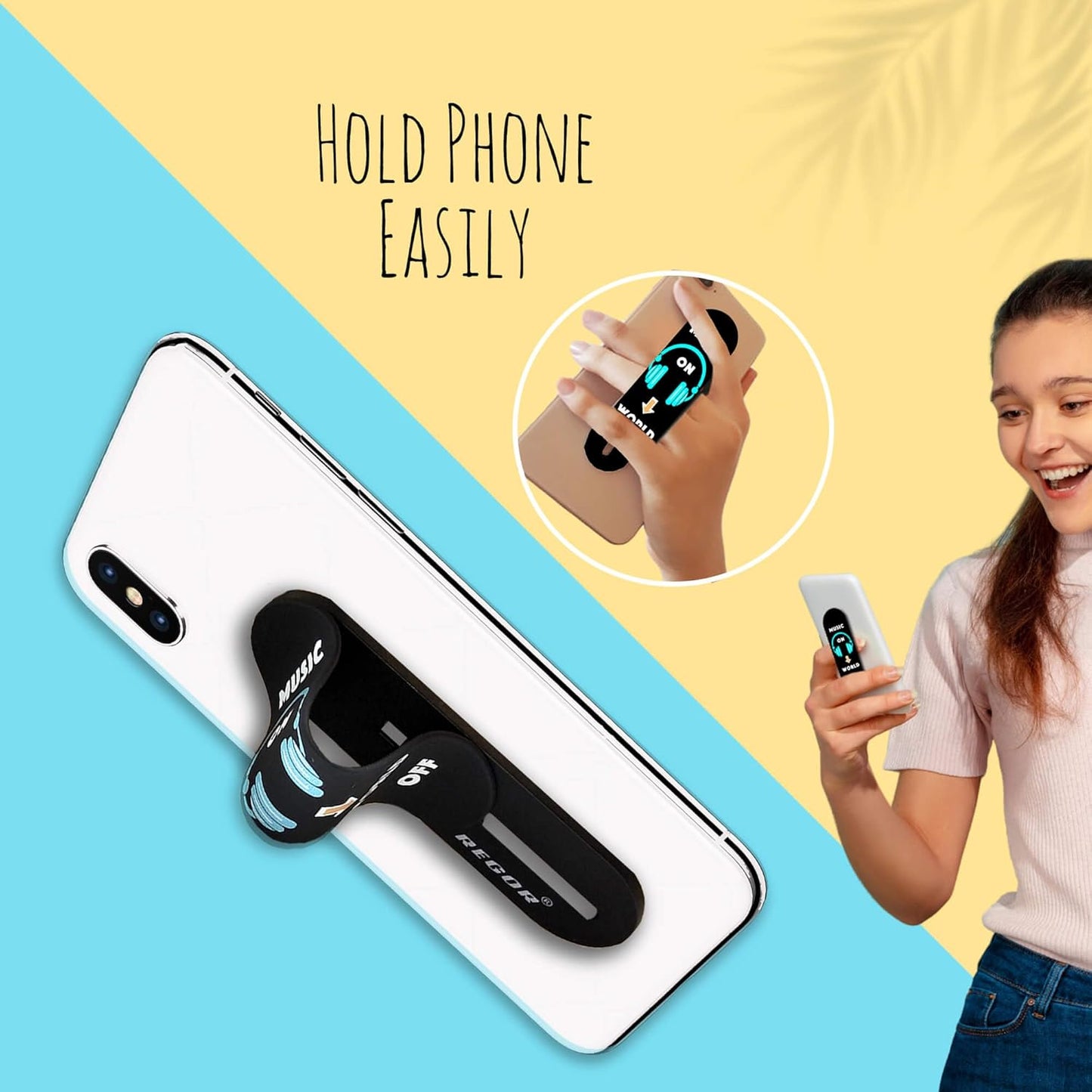 Regor Tabletop Finger Grip & Mobile Holder | Mobile Stand for Hand & Table | Universal Phone Grip & Selfie Stand (Black β Music)