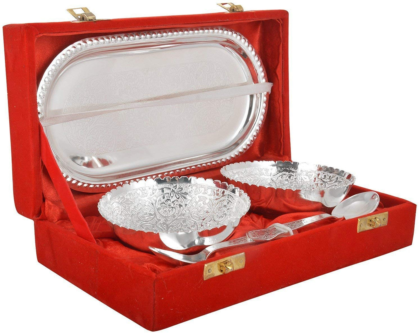 VMMPL Handicrafts World Silver Plated Brass Bowl Set with Capsule Tray and Royal Velvet Box – 5 Pcs Serveware Set (2 Bowls, 2 Spoons, 1 Tray) | Floral Pattern | 100 ML Capacity | Modern Round Design