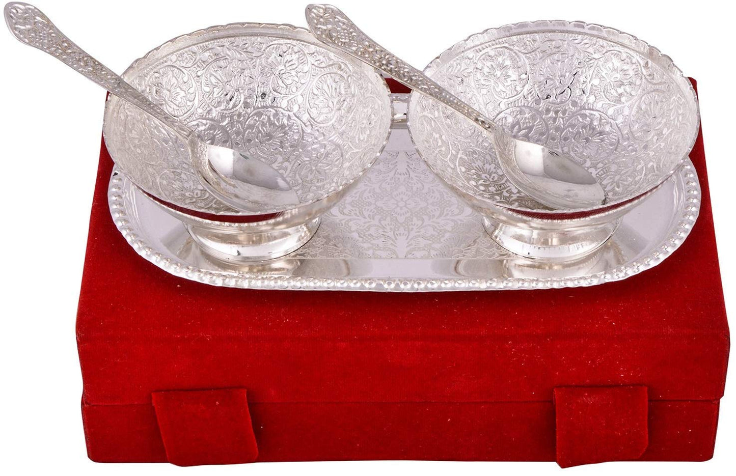 VMMPL Handicrafts World Silver Plated Brass Bowl Set with Capsule Tray and Royal Velvet Box – 5 Pcs Serveware Set (2 Bowls, 2 Spoons, 1 Tray) | Floral Pattern | 100 ML Capacity | Modern Round Design