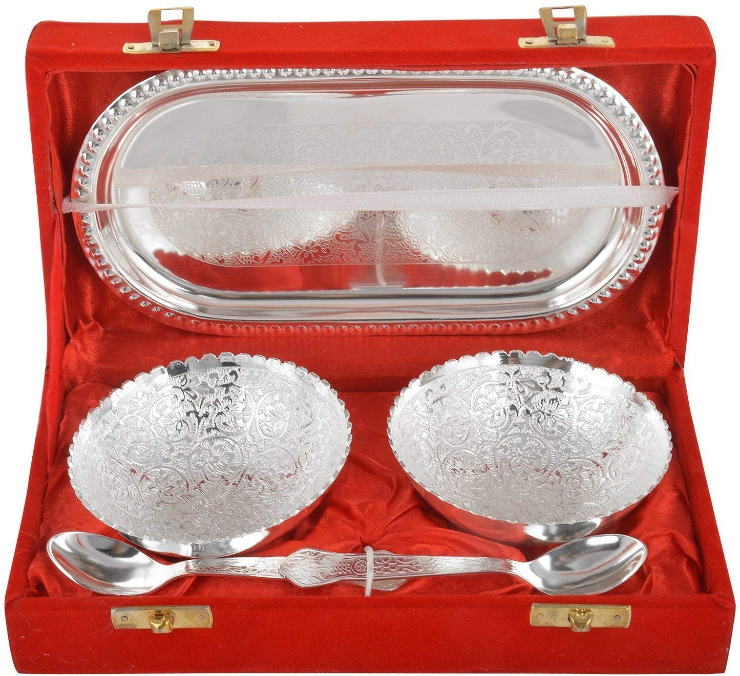 VMMPL Handicrafts World Silver Plated Brass Bowl Set with Capsule Tray and Royal Velvet Box – 5 Pcs Serveware Set (2 Bowls, 2 Spoons, 1 Tray) | Floral Pattern | 100 ML Capacity | Modern Round Design