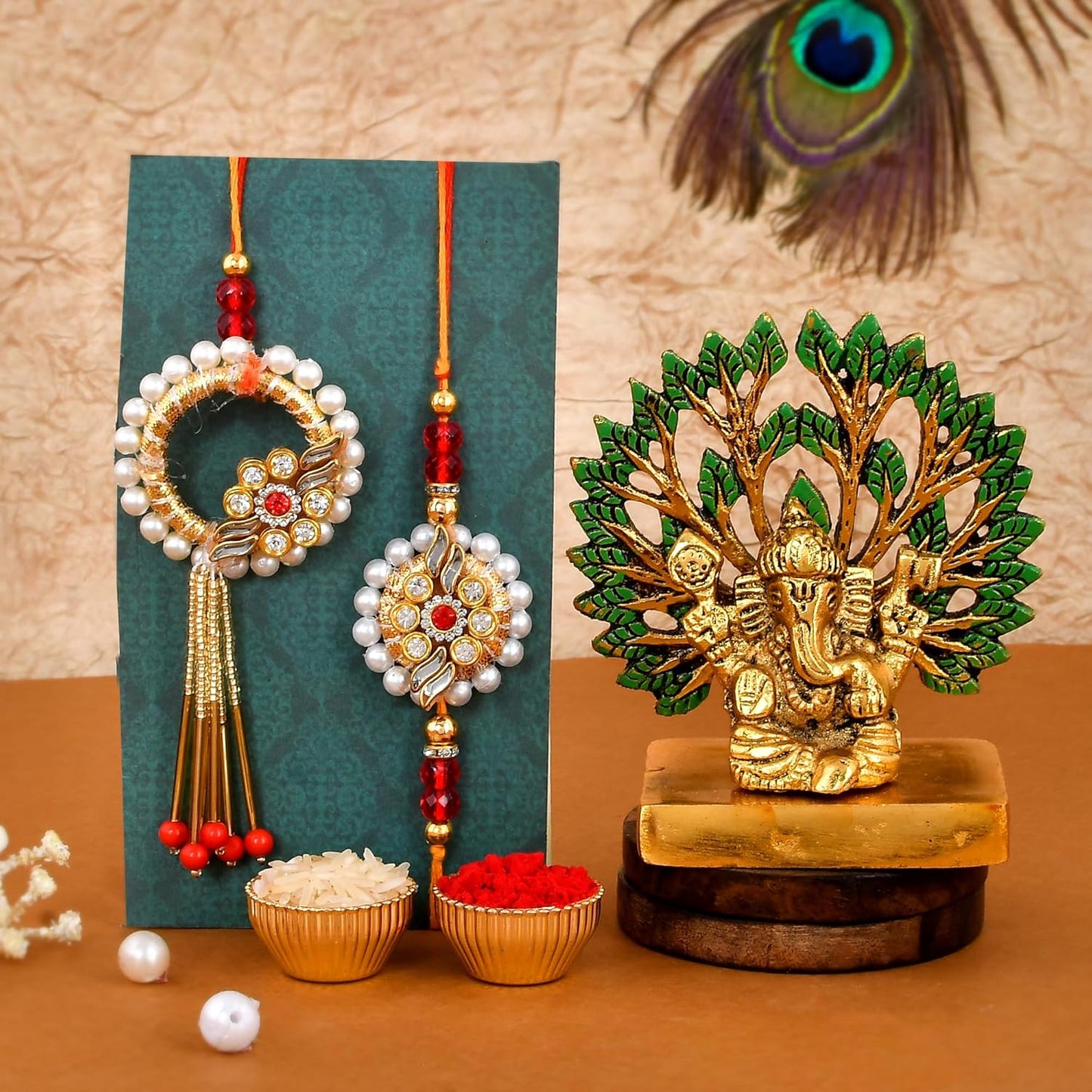 VMMPL Bhaiya Bhabhi Rakhi Gift Combo | Set of 2 Kundan Rakhis (Bhaiya & Bhabhi) + Metal Ganesha Idol + Greeting Card | Raksha Bandhan Gift Hamper (M4-Bhaiya Bhabhi)