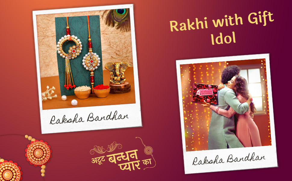 VMMPL Premium Bhaiya Bhabhi Rakhi Gift Combo with Ganesha Idol ā Kundan Rakhi, Floral Lumba, Greeting Card & Tilak Set | Raksha Bandhan Special
