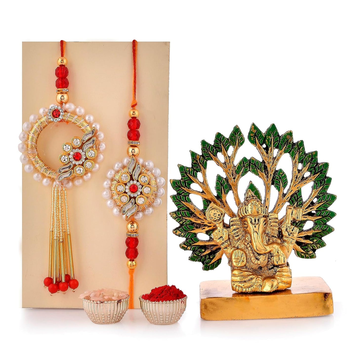 VMMPL Bhaiya Bhabhi Rakhi Gift Combo | Set of 2 Kundan Rakhis (Bhaiya & Bhabhi) + Metal Ganesha Idol + Greeting Card | Raksha Bandhan Gift Hamper (M4-Bhaiya Bhabhi)