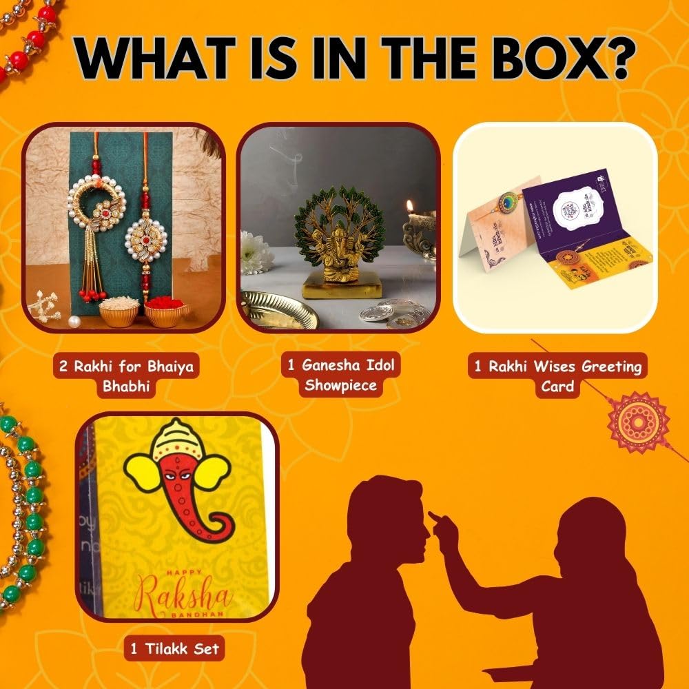 VMMPL Bhaiya Bhabhi Rakhi Gift Combo | Set of 2 Kundan Rakhis (Bhaiya & Bhabhi) + Metal Ganesha Idol + Greeting Card | Raksha Bandhan Gift Hamper (M4-Bhaiya Bhabhi)