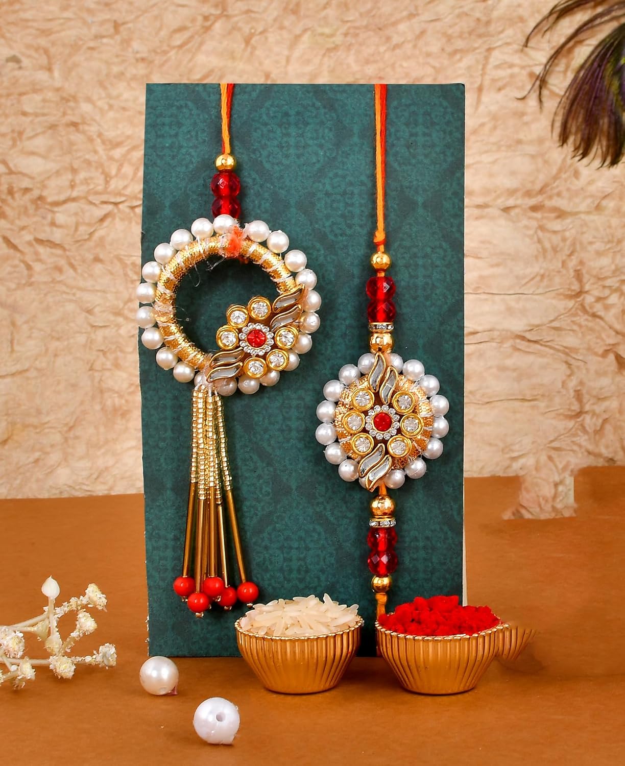 VMMPL Bhaiya Bhabhi Rakhi Gift Combo | Set of 2 Kundan Rakhis (Bhaiya & Bhabhi) + Metal Ganesha Idol + Greeting Card | Raksha Bandhan Gift Hamper (M4-Bhaiya Bhabhi)