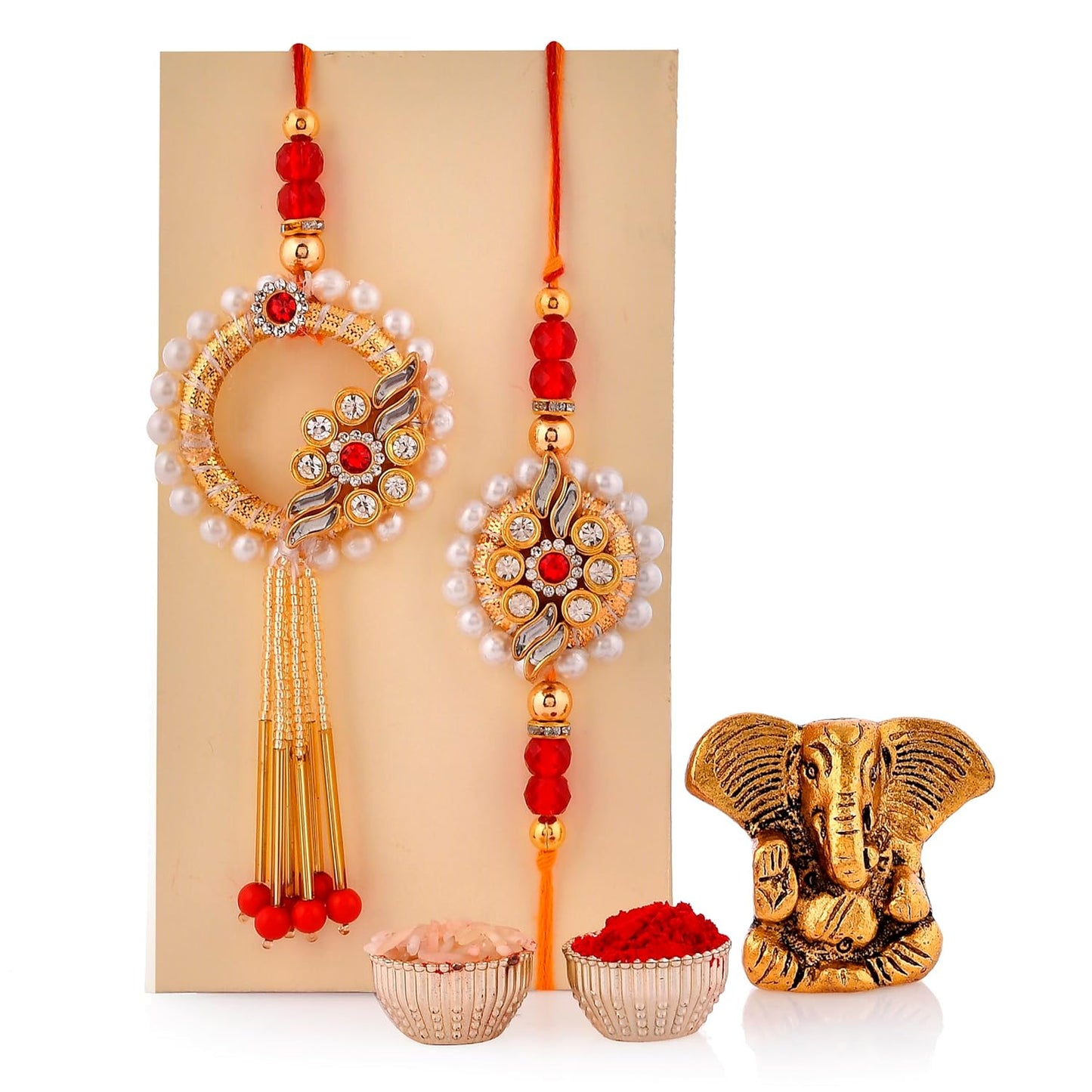 VMMPL Premium Bhaiya Bhabhi Rakhi Gift Combo with Ganesha Idol ā Kundan Rakhi, Floral Lumba, Greeting Card & Tilak Set | Raksha Bandhan Special