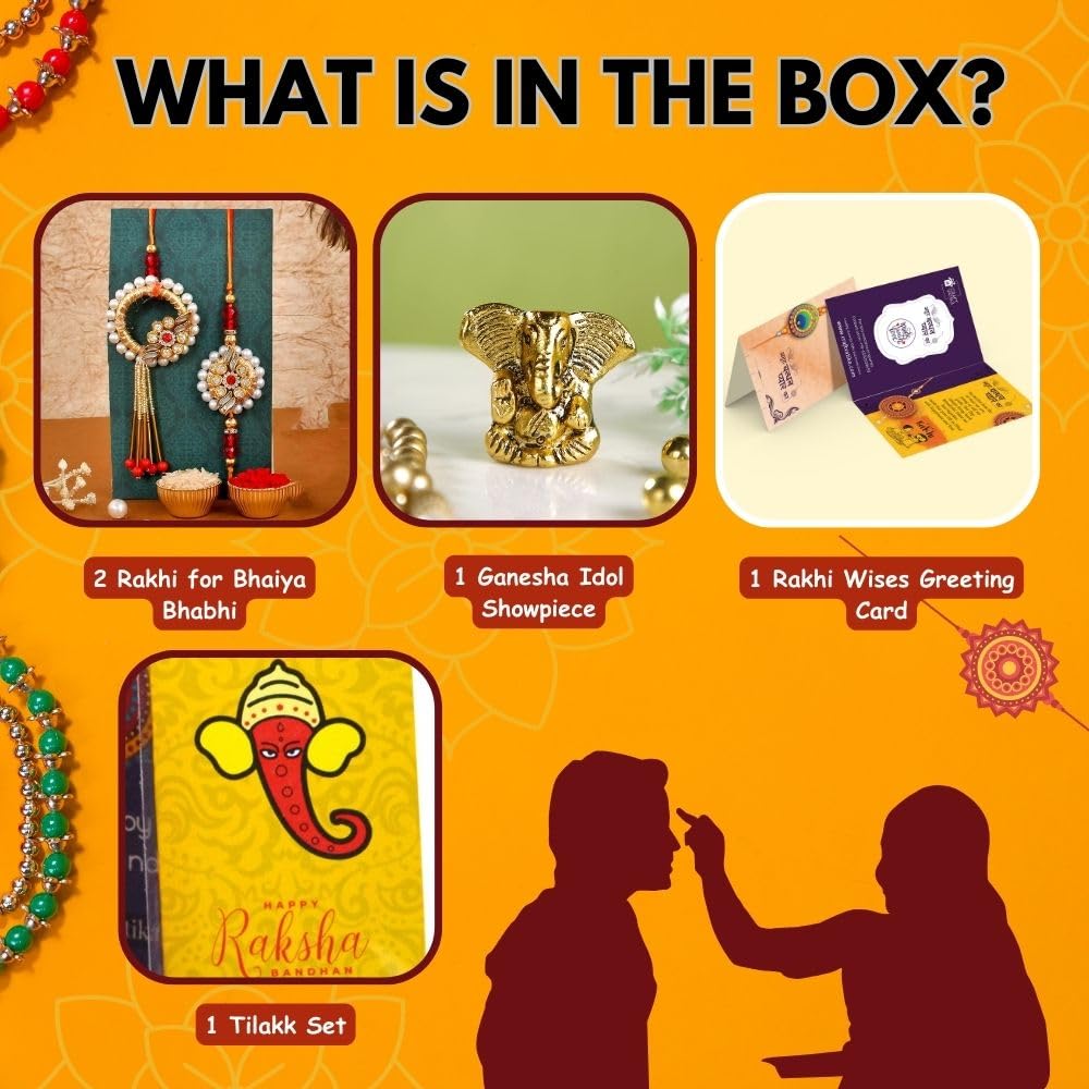 VMMPL Premium Bhaiya Bhabhi Rakhi Gift Combo with Ganesha Idol ā Kundan Rakhi, Floral Lumba, Greeting Card & Tilak Set | Raksha Bandhan Special