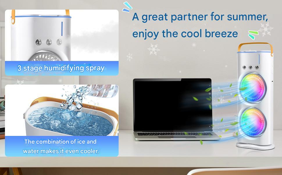 Zemic Portable Double Ended Spray Fan | Mini USB Rechargeable Air Cooler with 3 Speed Settings, 280ml Water Tank, LED Light & Remote | Touch Control, Mist Spray, Ice Filling | Table Desk Fan for Home, Office, Travel (Multy)