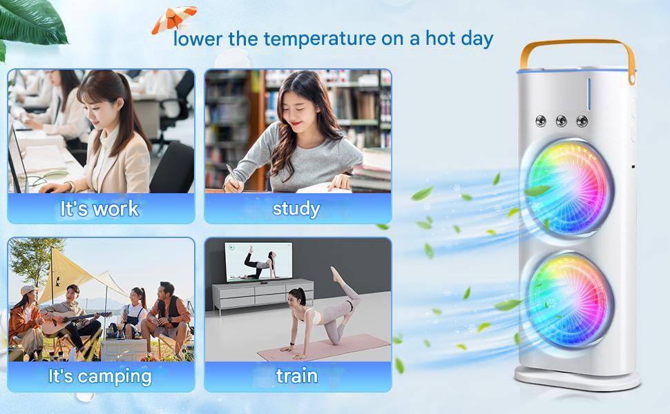 Zemic Portable Double Ended Spray Fan | Mini USB Rechargeable Air Cooler with 3 Speed Settings, 280ml Water Tank, LED Light & Remote | Touch Control, Mist Spray, Ice Filling | Table Desk Fan for Home, Office, Travel (Multy)