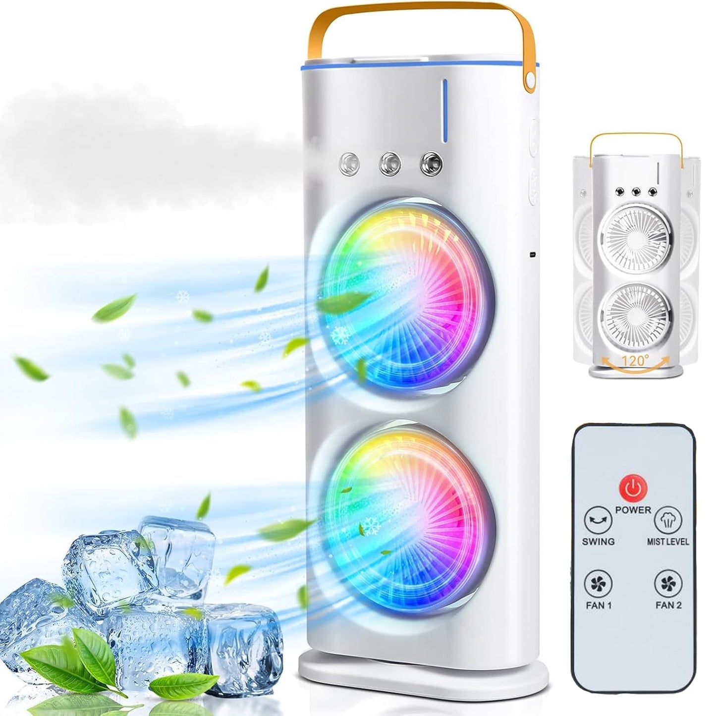 Zemic Portable Double Ended Spray Fan | Mini USB Rechargeable Air Cooler with 3 Speed Settings, 280ml Water Tank, LED Light & Remote | Touch Control, Mist Spray, Ice Filling | Table Desk Fan for Home, Office, Travel (Multy)