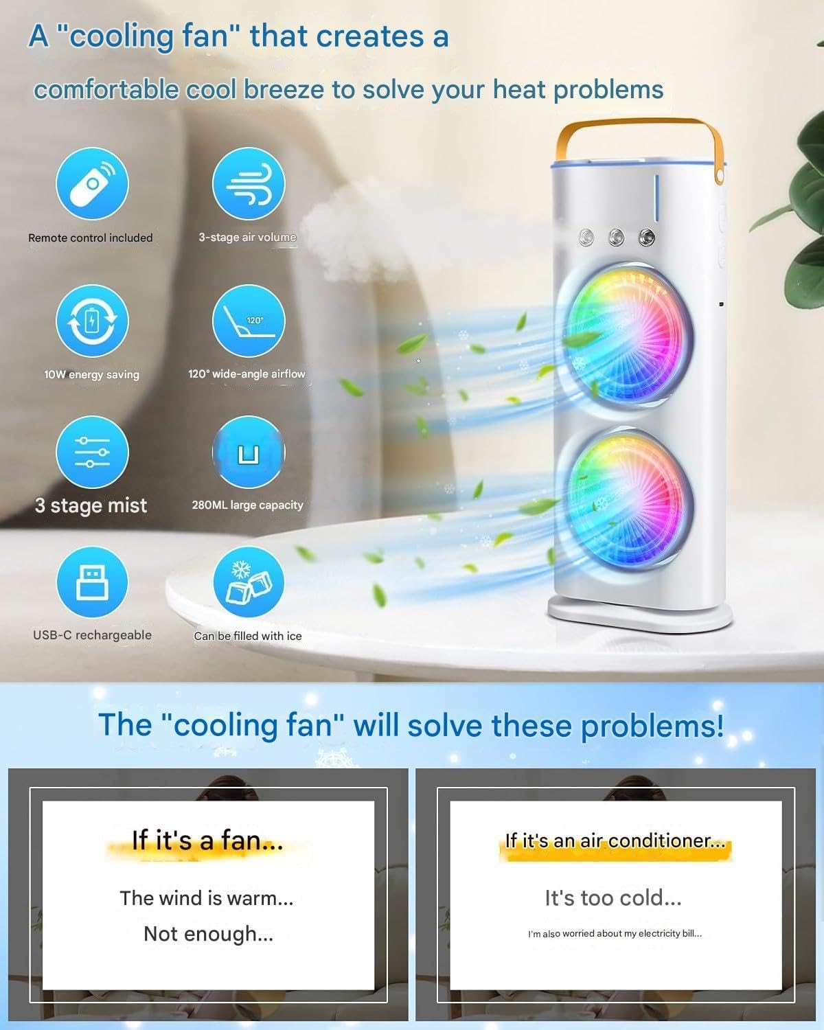 Zemic Portable Double Ended Spray Fan | Mini USB Rechargeable Air Cooler with 3 Speed Settings, 280ml Water Tank, LED Light & Remote | Touch Control, Mist Spray, Ice Filling | Table Desk Fan for Home, Office, Travel (Multy)