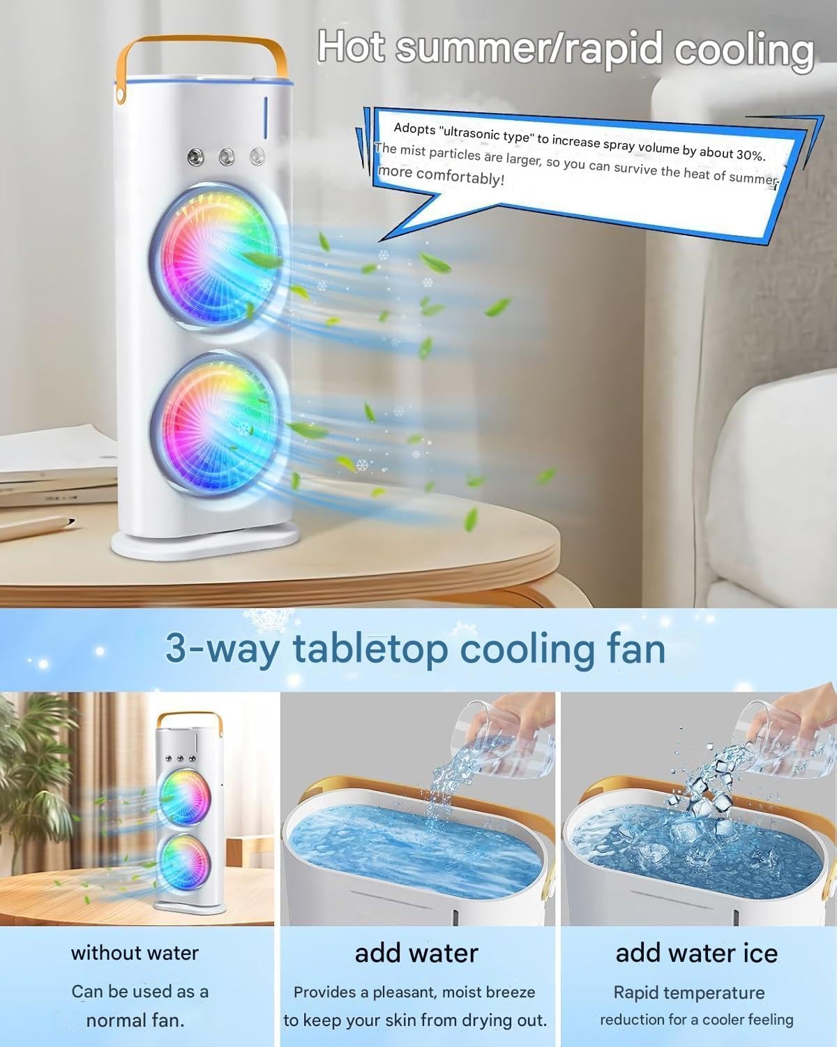 Zemic Portable Double Ended Spray Fan | Mini USB Rechargeable Air Cooler with 3 Speed Settings, 280ml Water Tank, LED Light & Remote | Touch Control, Mist Spray, Ice Filling | Table Desk Fan for Home, Office, Travel (Multy)