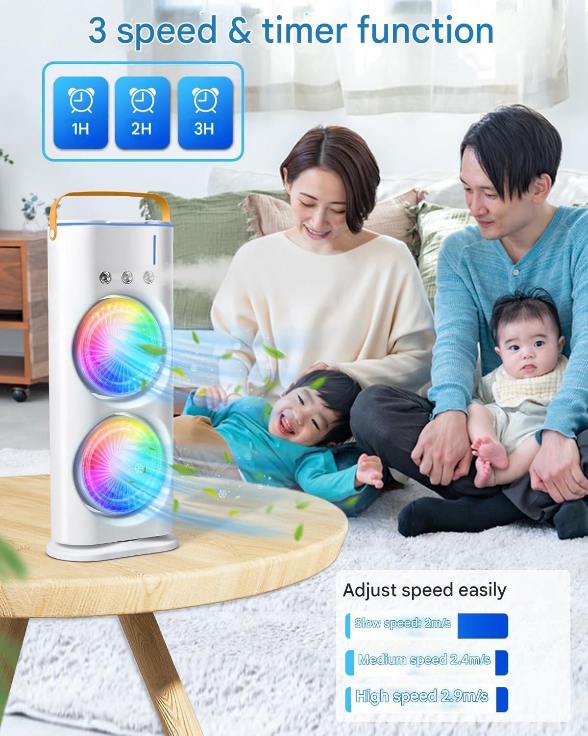 Zemic Portable Double Ended Spray Fan | Mini USB Rechargeable Air Cooler with 3 Speed Settings, 280ml Water Tank, LED Light & Remote | Touch Control, Mist Spray, Ice Filling | Table Desk Fan for Home, Office, Travel (Multy)