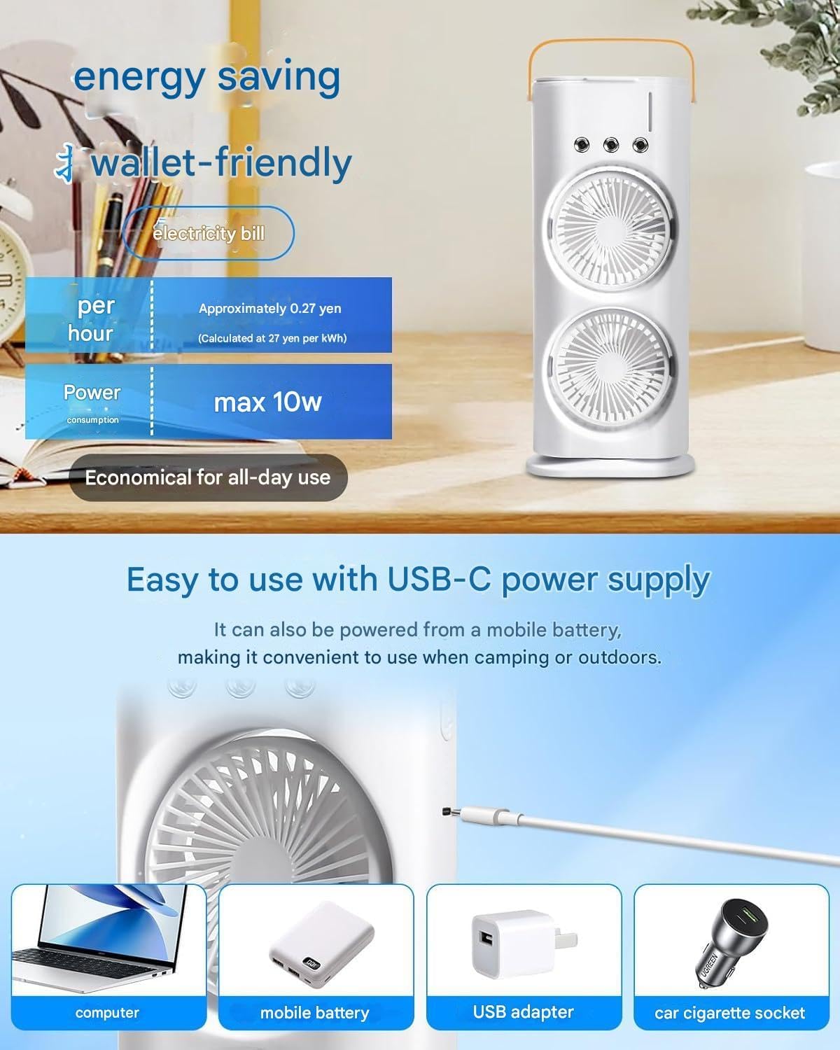 Zemic Portable Double Ended Spray Fan | Mini USB Rechargeable Air Cooler with 3 Speed Settings, 280ml Water Tank, LED Light & Remote | Touch Control, Mist Spray, Ice Filling | Table Desk Fan for Home, Office, Travel (Multy)