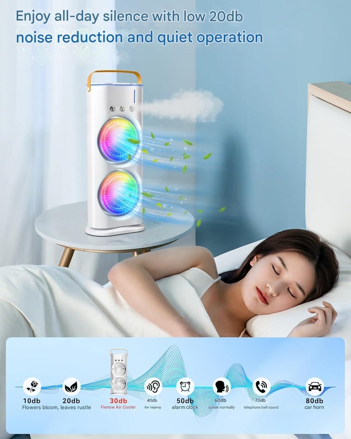 Zemic Portable Double Ended Spray Fan | Mini USB Rechargeable Air Cooler with 3 Speed Settings, 280ml Water Tank, LED Light & Remote | Touch Control, Mist Spray, Ice Filling | Table Desk Fan for Home, Office, Travel (Multy)