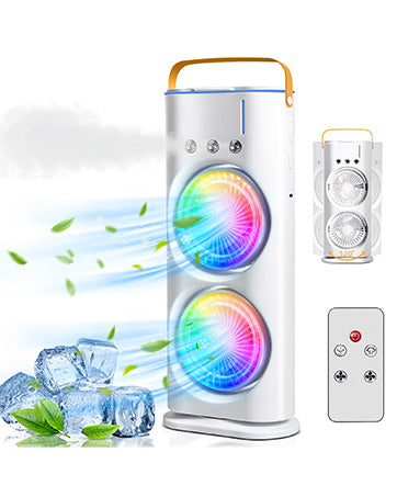Zemic Portable Double Ended Spray Fan | Mini USB Rechargeable Air Cooler with 3 Speed Settings, 280ml Water Tank, LED Light & Remote | Touch Control, Mist Spray, Ice Filling | Table Desk Fan for Home, Office, Travel (Multy)