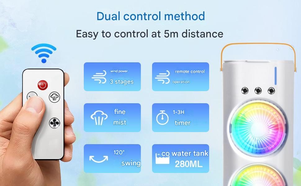 Zemic Portable Double Ended Spray Fan | Mini USB Rechargeable Air Cooler with 3 Speed Settings, 280ml Water Tank, LED Light & Remote | Touch Control, Mist Spray, Ice Filling | Table Desk Fan for Home, Office, Travel (Multy)
