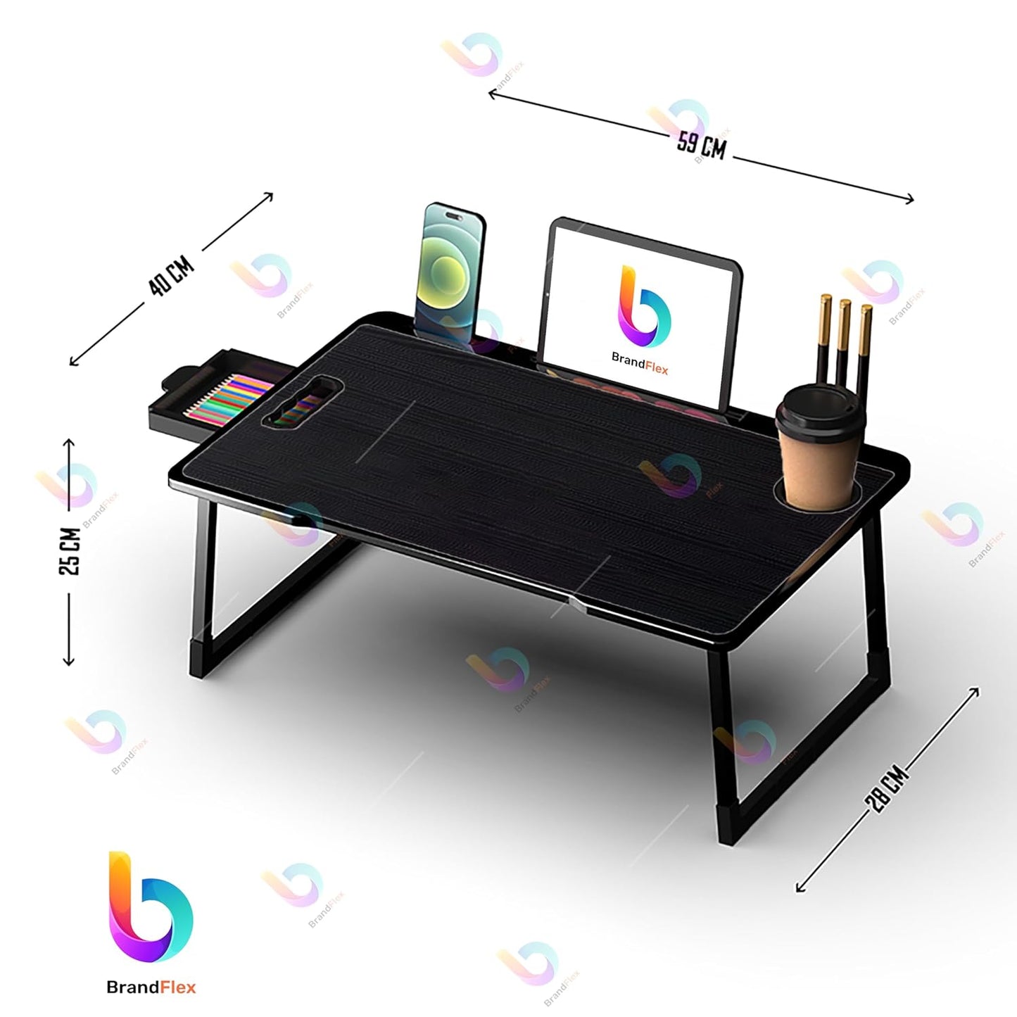 BrandFlex Study Table Bed Table Premium Laptop Table/Foldable and Portable Wooden/Writing Desk for Office/Home/School (U$A COTTED ABLACK), 59.7 cm, 10 cm