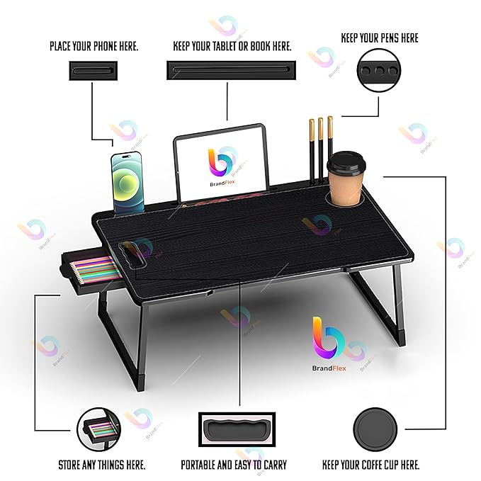 BrandFlex Study Table Bed Table Premium Laptop Table/Foldable and Portable Wooden/Writing Desk for Office/Home/School (U$A COTTED ABLACK), 59.7 cm, 10 cm