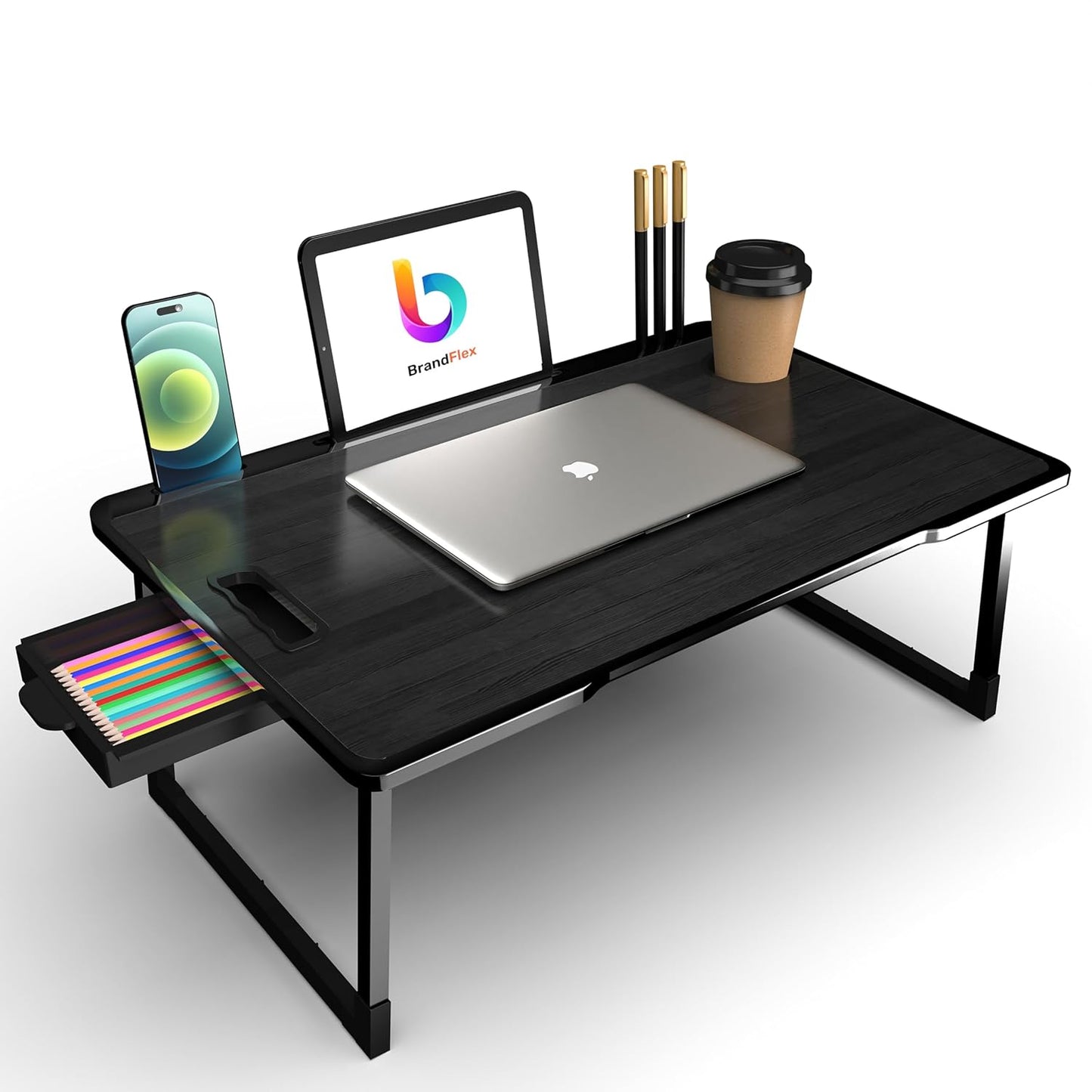 BrandFlex Study Table Bed Table Premium Laptop Table/Foldable and Portable Wooden/Writing Desk for Office/Home/School (U$A COTTED ABLACK), 59.7 cm, 10 cm