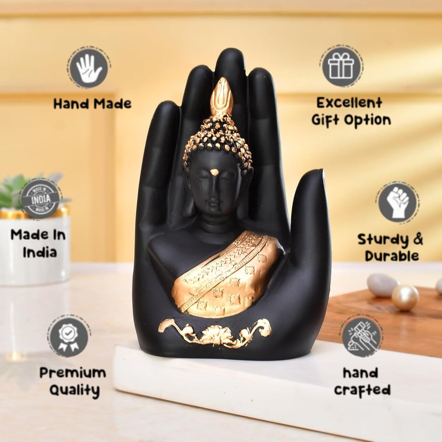 VMMPL Golden Handcrafted Palm Buddha Idol β Traditional Resin Buddha Hand Statue for Home Decor, Office, Mandir & Gifting (17x9x6 cm)