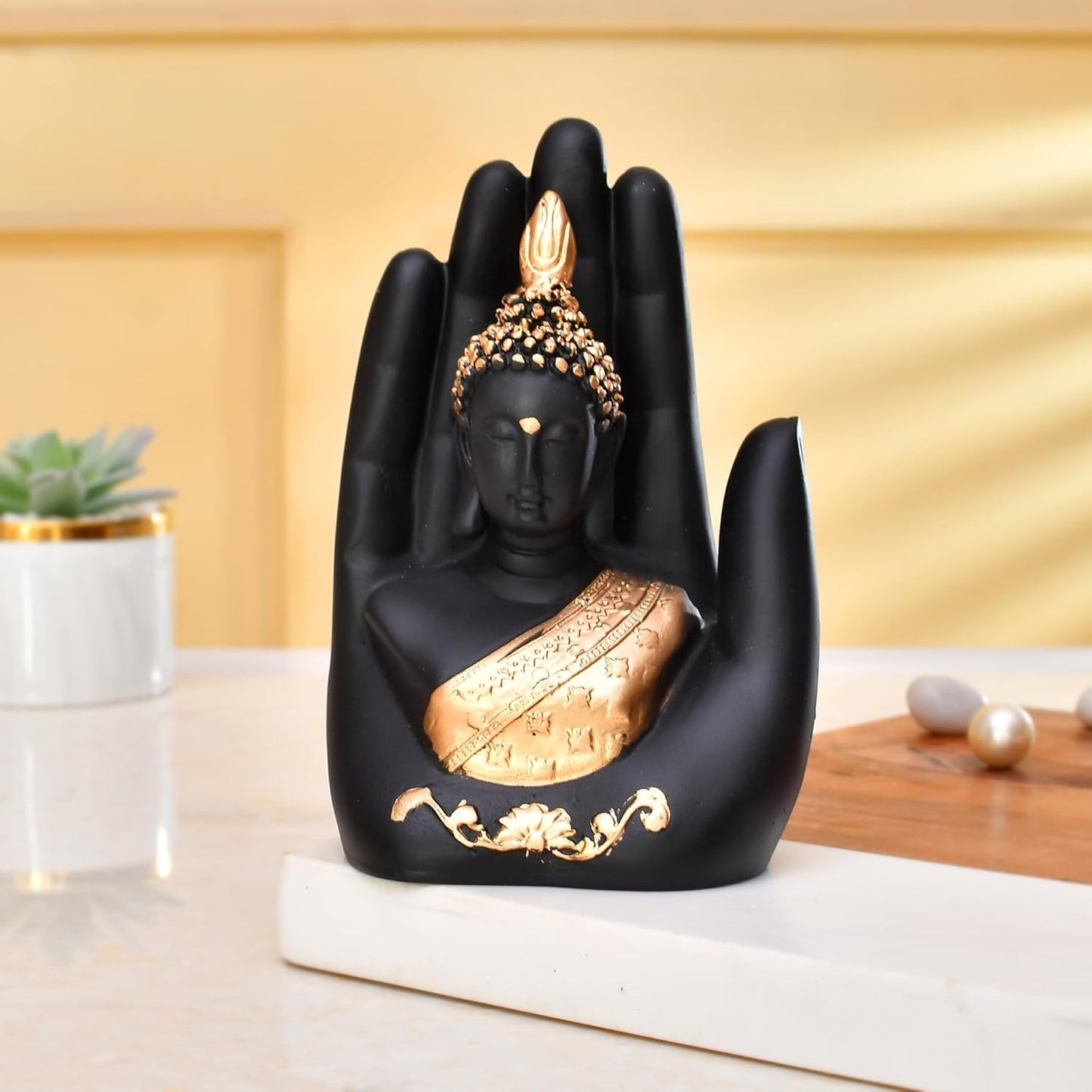 VMMPL Golden Handcrafted Palm Buddha Idol β Traditional Resin Buddha Hand Statue for Home Decor, Office, Mandir & Gifting (17x9x6 cm)