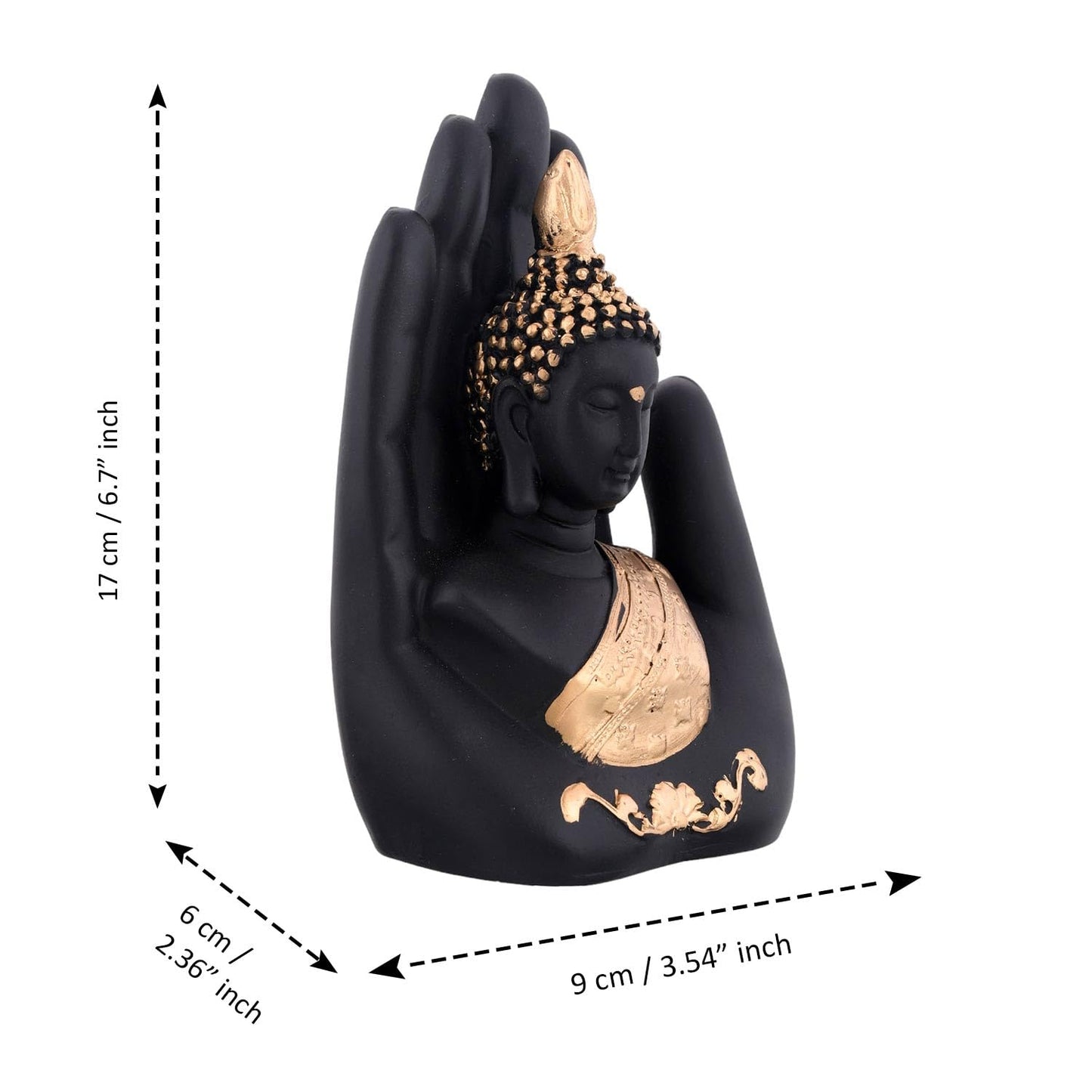 VMMPL Golden Handcrafted Palm Buddha Idol β Traditional Resin Buddha Hand Statue for Home Decor, Office, Mandir & Gifting (17x9x6 cm)
