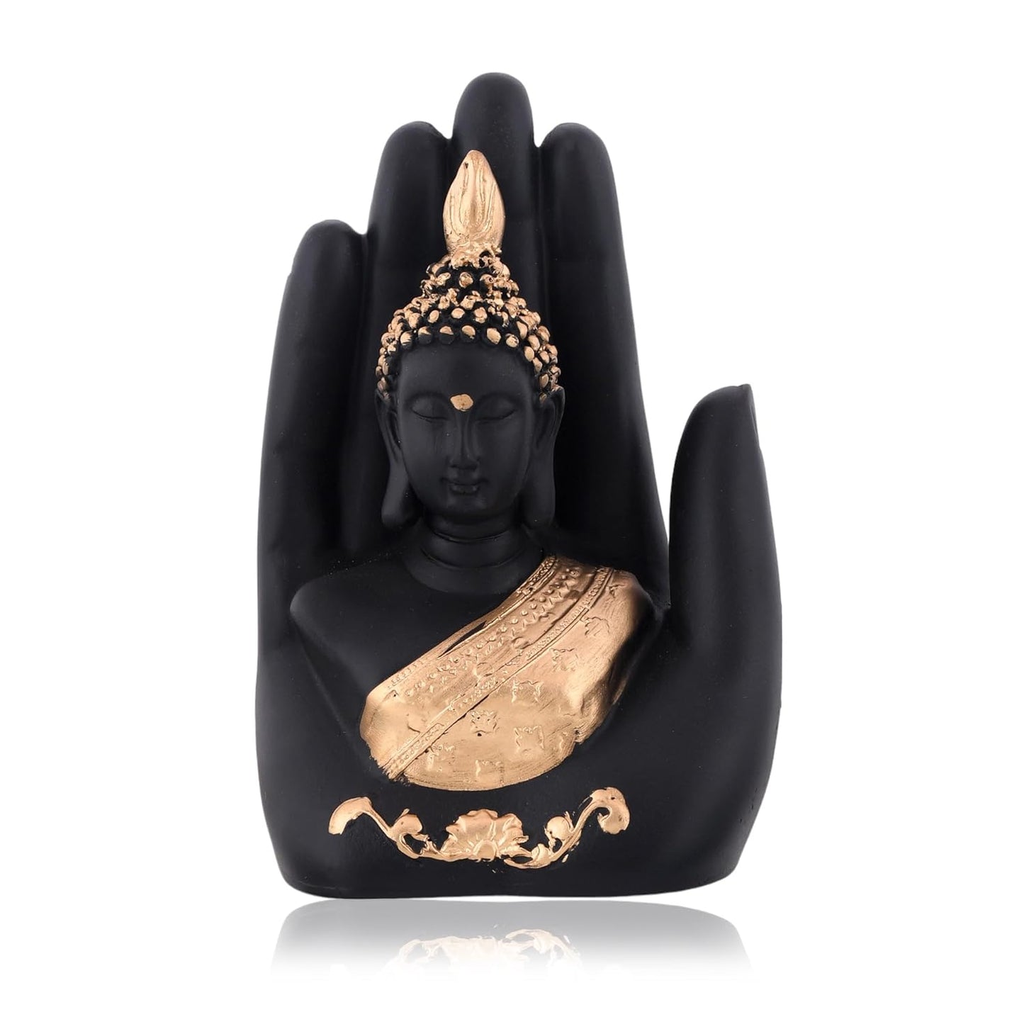VMMPL Golden Handcrafted Palm Buddha Idol β Traditional Resin Buddha Hand Statue for Home Decor, Office, Mandir & Gifting (17x9x6 cm)