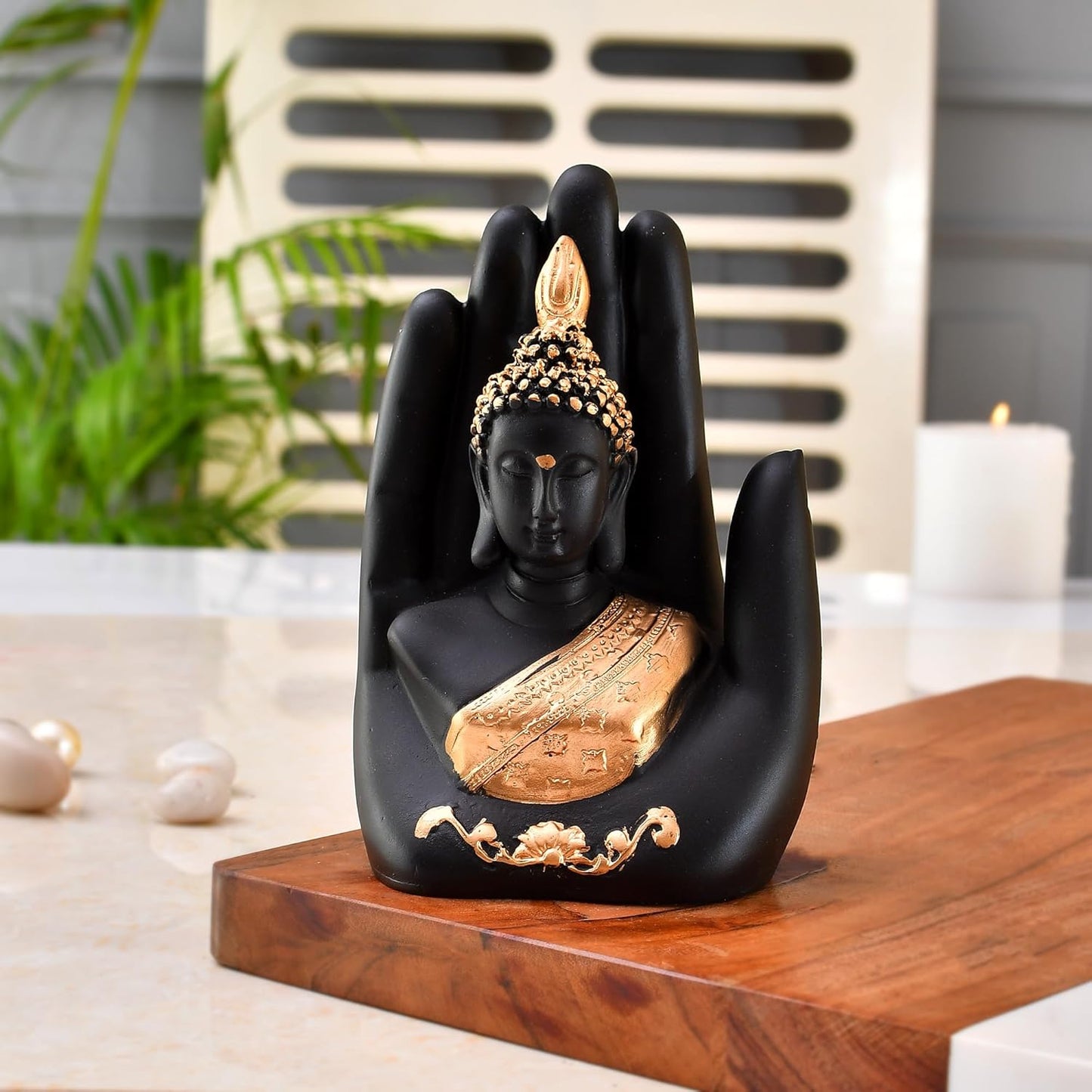 VMMPL Golden Handcrafted Palm Buddha Idol β Traditional Resin Buddha Hand Statue for Home Decor, Office, Mandir & Gifting (17x9x6 cm)