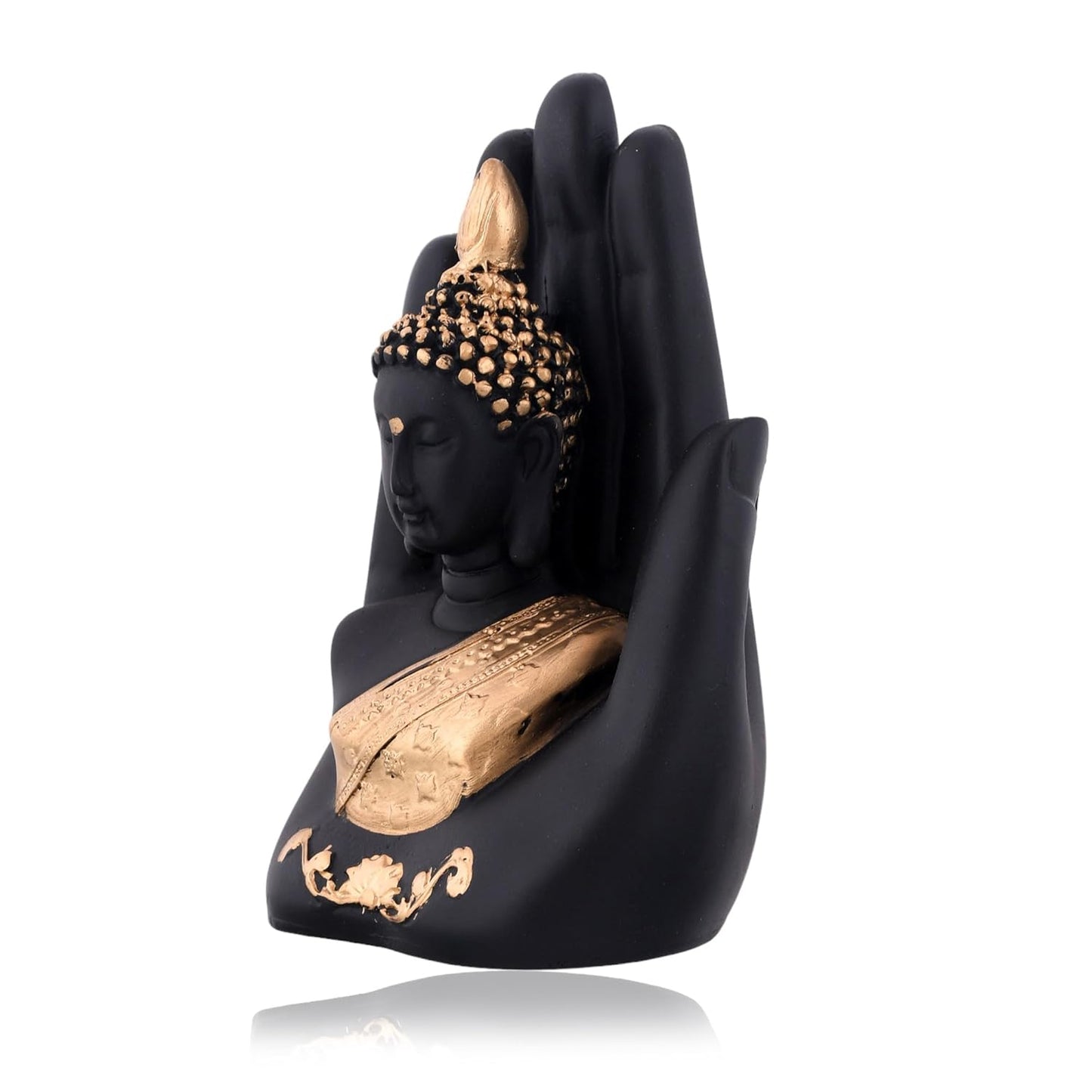 VMMPL Golden Handcrafted Palm Buddha Idol β Traditional Resin Buddha Hand Statue for Home Decor, Office, Mandir & Gifting (17x9x6 cm)