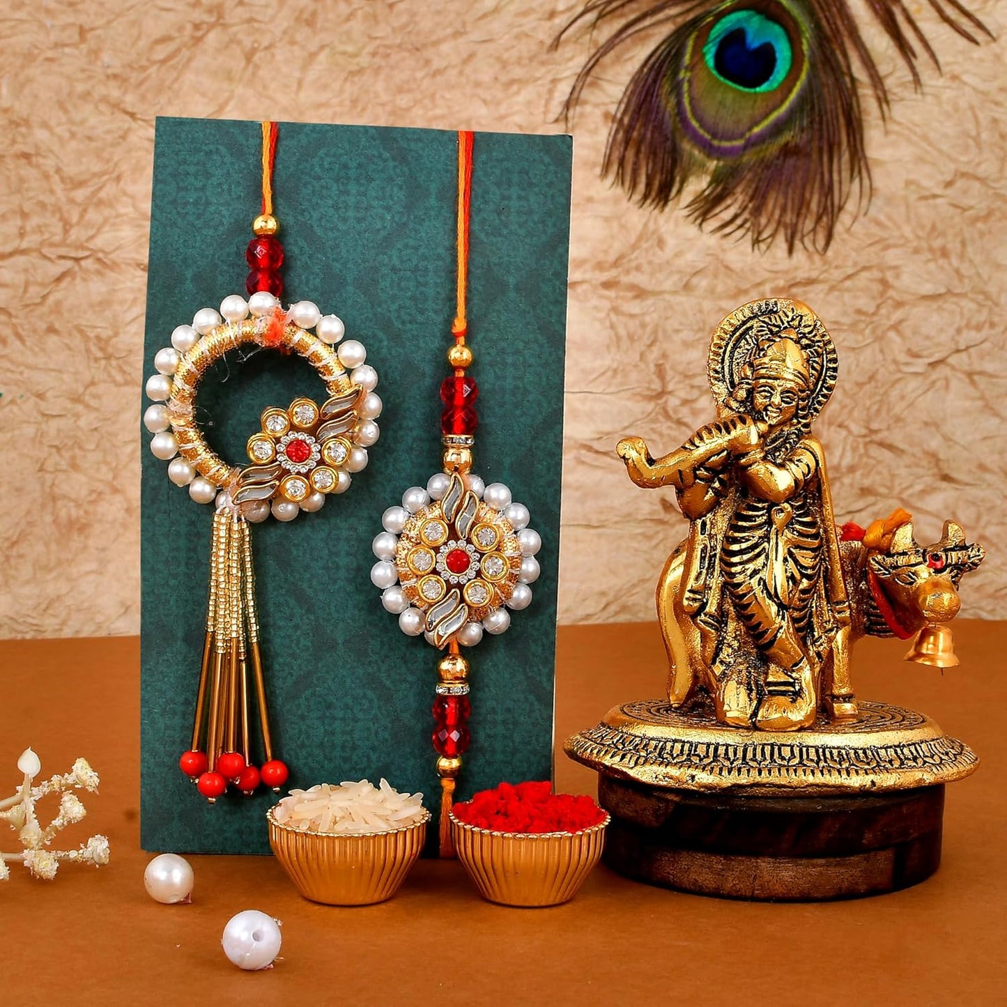 VMMPL- Premium Bhaiya Bhabhi Rakhi Set with Krishna Idol | Handmade Metal Idol, Kundan & Lumba Rakhi, Tilak Set & Greeting Card | Raksha Bandhan Gift Combo