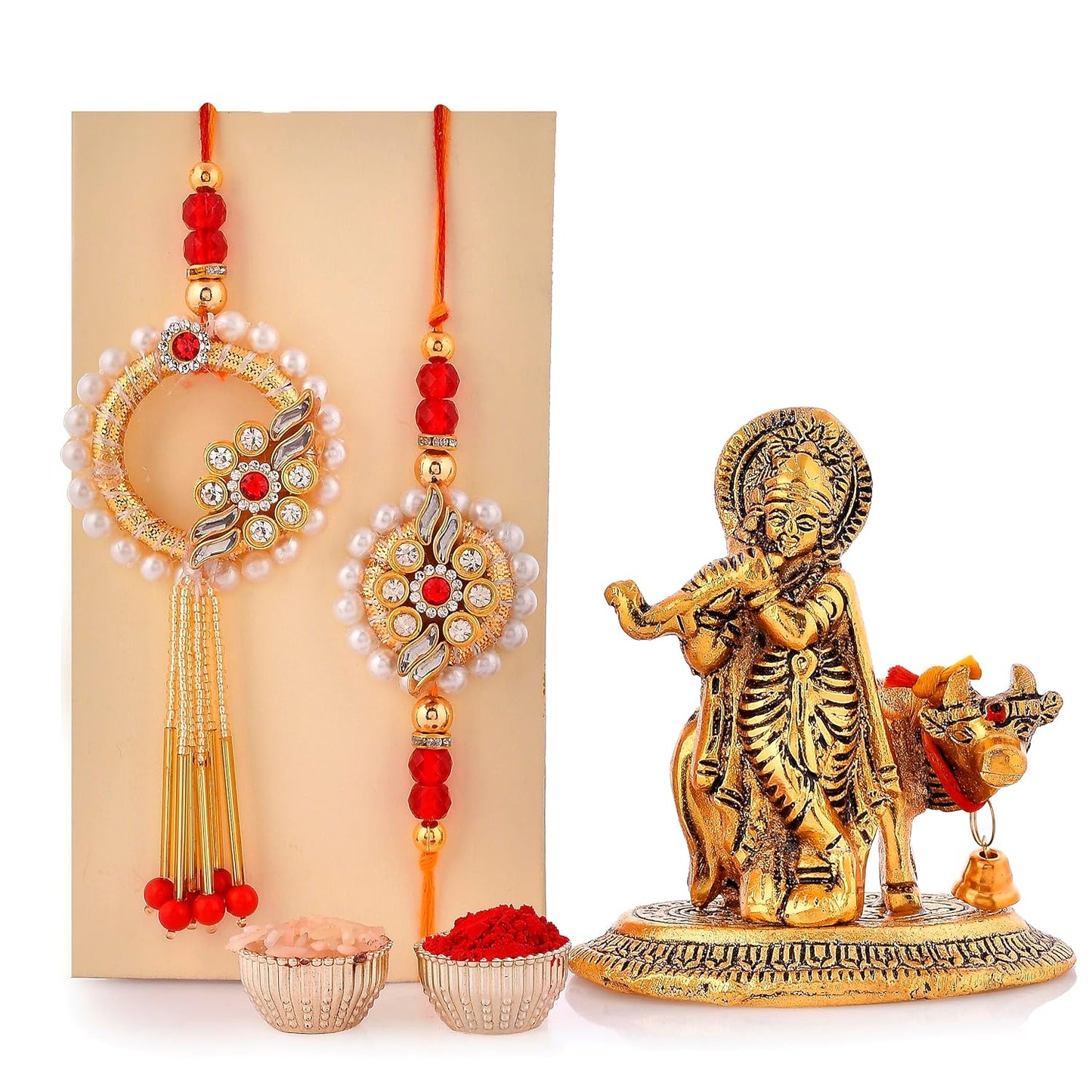 VMMPL- Premium Bhaiya Bhabhi Rakhi Set with Krishna Idol | Handmade Metal Idol, Kundan & Lumba Rakhi, Tilak Set & Greeting Card | Raksha Bandhan Gift Combo