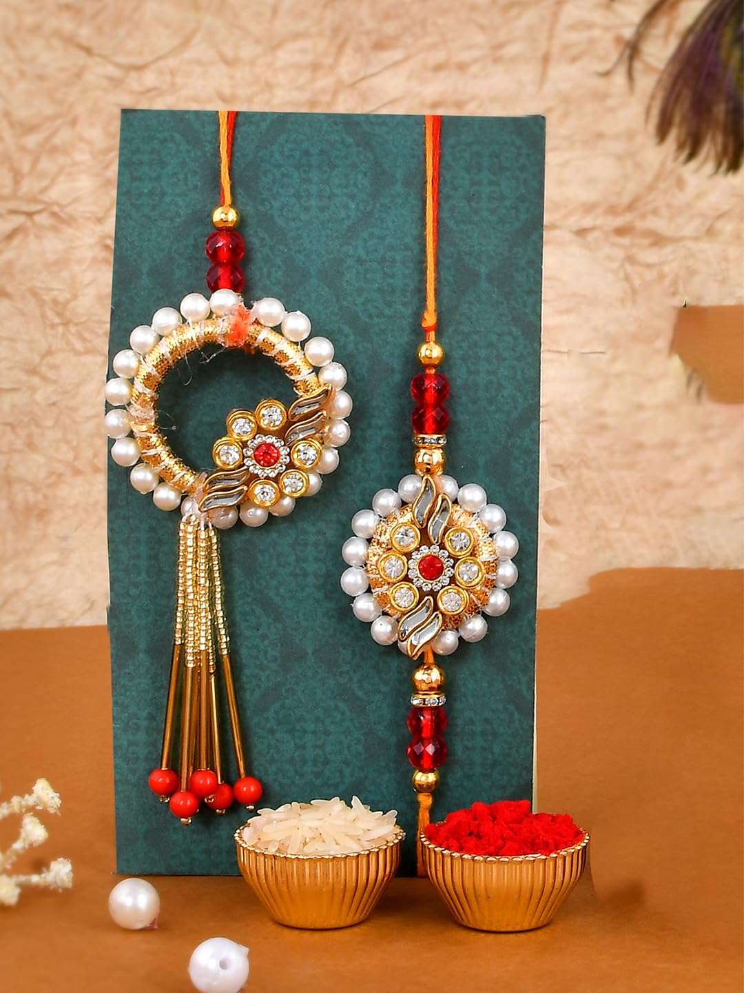 VMMPL- Premium Bhaiya Bhabhi Rakhi Set with Krishna Idol | Handmade Metal Idol, Kundan & Lumba Rakhi, Tilak Set & Greeting Card | Raksha Bandhan Gift Combo