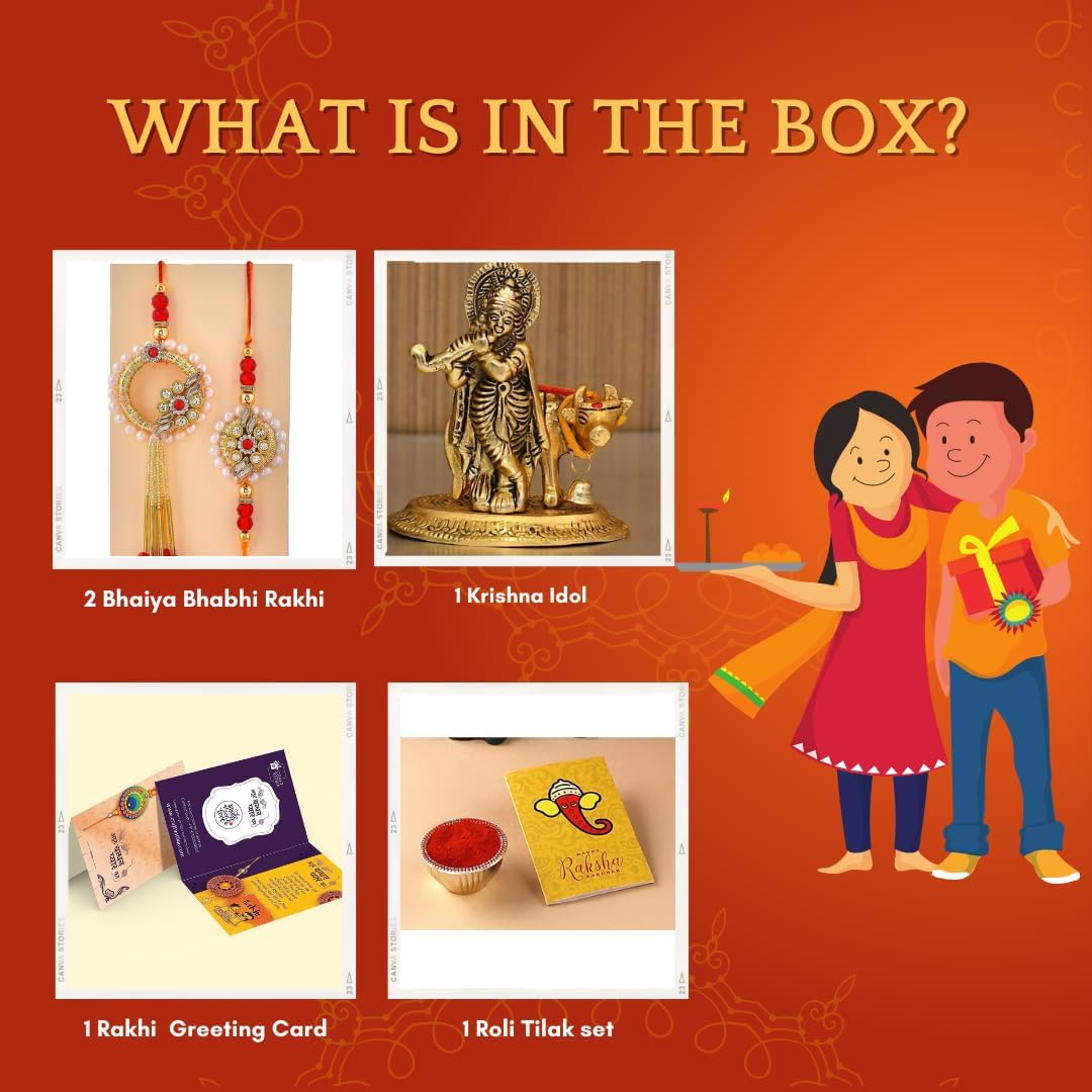 VMMPL- Premium Bhaiya Bhabhi Rakhi Set with Krishna Idol | Handmade Metal Idol, Kundan & Lumba Rakhi, Tilak Set & Greeting Card | Raksha Bandhan Gift Combo