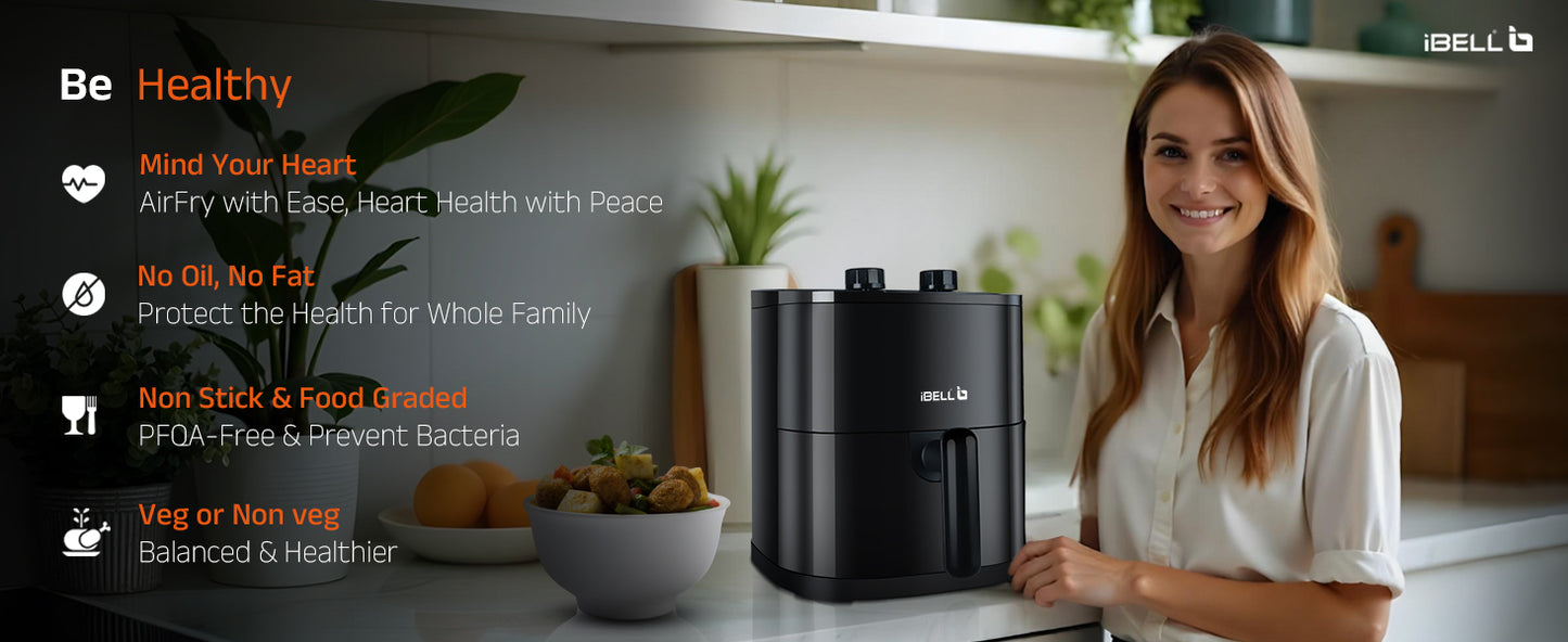 iBELL AEROFRY422M Air Fryer 4.2 Litre – 1500W | Multiple Cooking Options | Dishwasher Safe | Nonstick Coating | Adjustable Time & Temperature Control (Black)