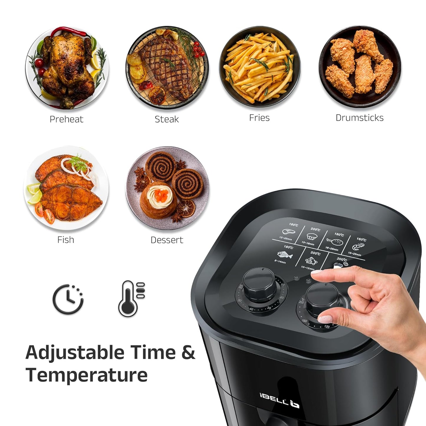 iBELL AEROFRY422M Air Fryer 4.2 Litre – 1500W | Multiple Cooking Options | Dishwasher Safe | Nonstick Coating | Adjustable Time & Temperature Control (Black)