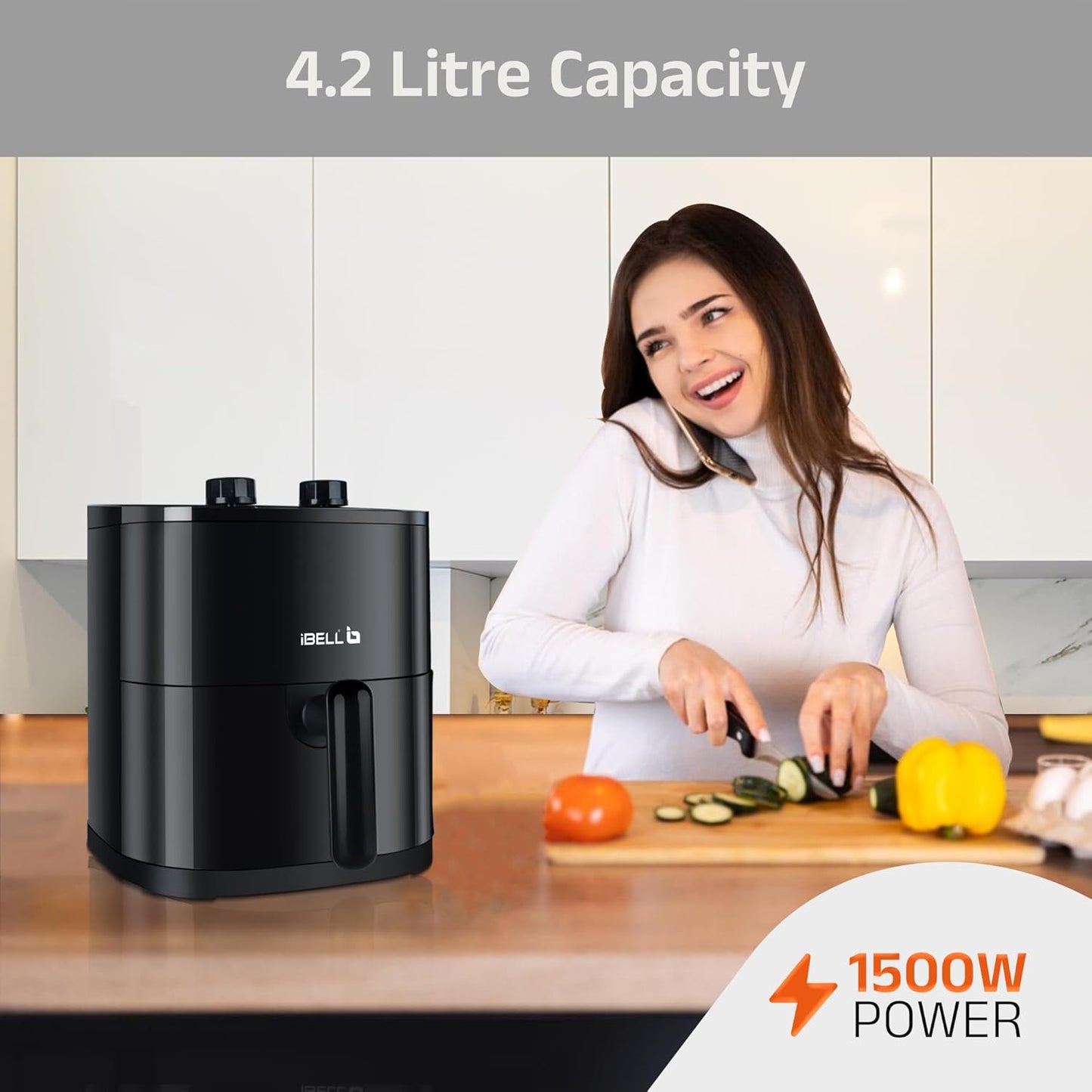 iBELL AEROFRY422M Air Fryer 4.2 Litre – 1500W | Multiple Cooking Options | Dishwasher Safe | Nonstick Coating | Adjustable Time & Temperature Control (Black)