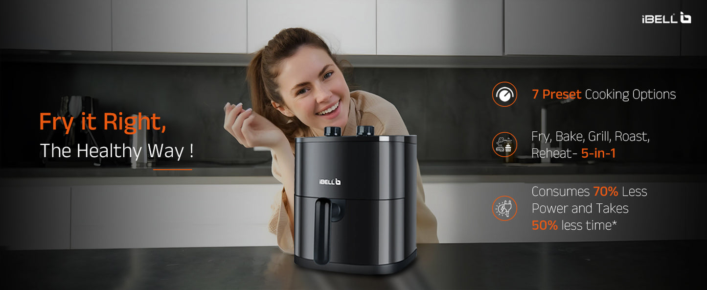 iBELL AEROFRY422M Air Fryer 4.2 Litre – 1500W | Multiple Cooking Options | Dishwasher Safe | Nonstick Coating | Adjustable Time & Temperature Control (Black)