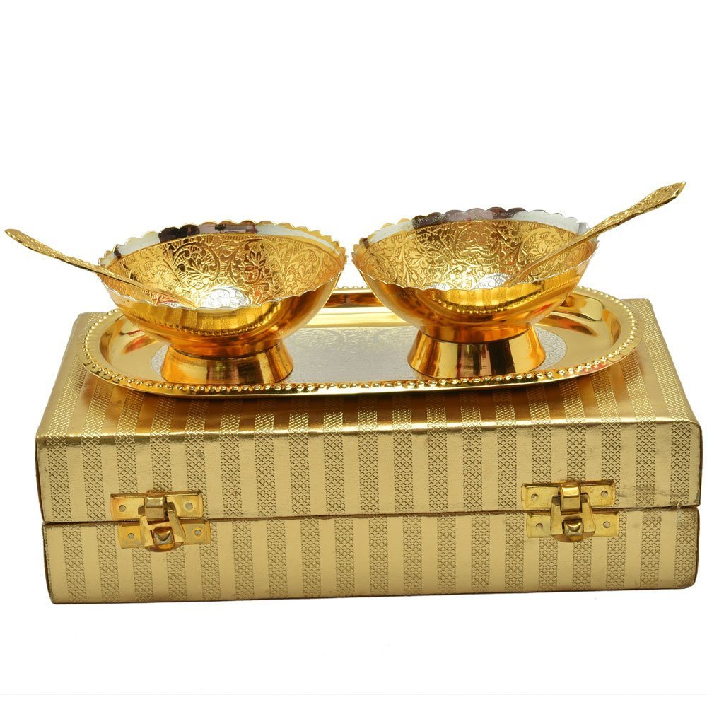 VMMPL Copper German Silver & Gold Plated Bowls – Set of 5 with Royal Golden Box | Pure Gold & Silver Plated Return Gift Set | Handmade Decorative Bowl for Gifting & Promotions