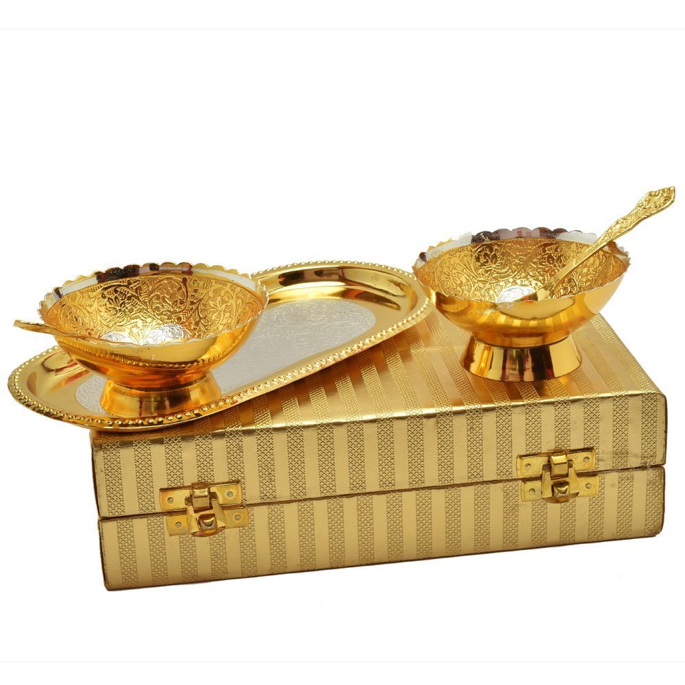 VMMPL Copper German Silver & Gold Plated Bowls – Set of 5 with Royal Golden Box | Pure Gold & Silver Plated Return Gift Set | Handmade Decorative Bowl for Gifting & Promotions
