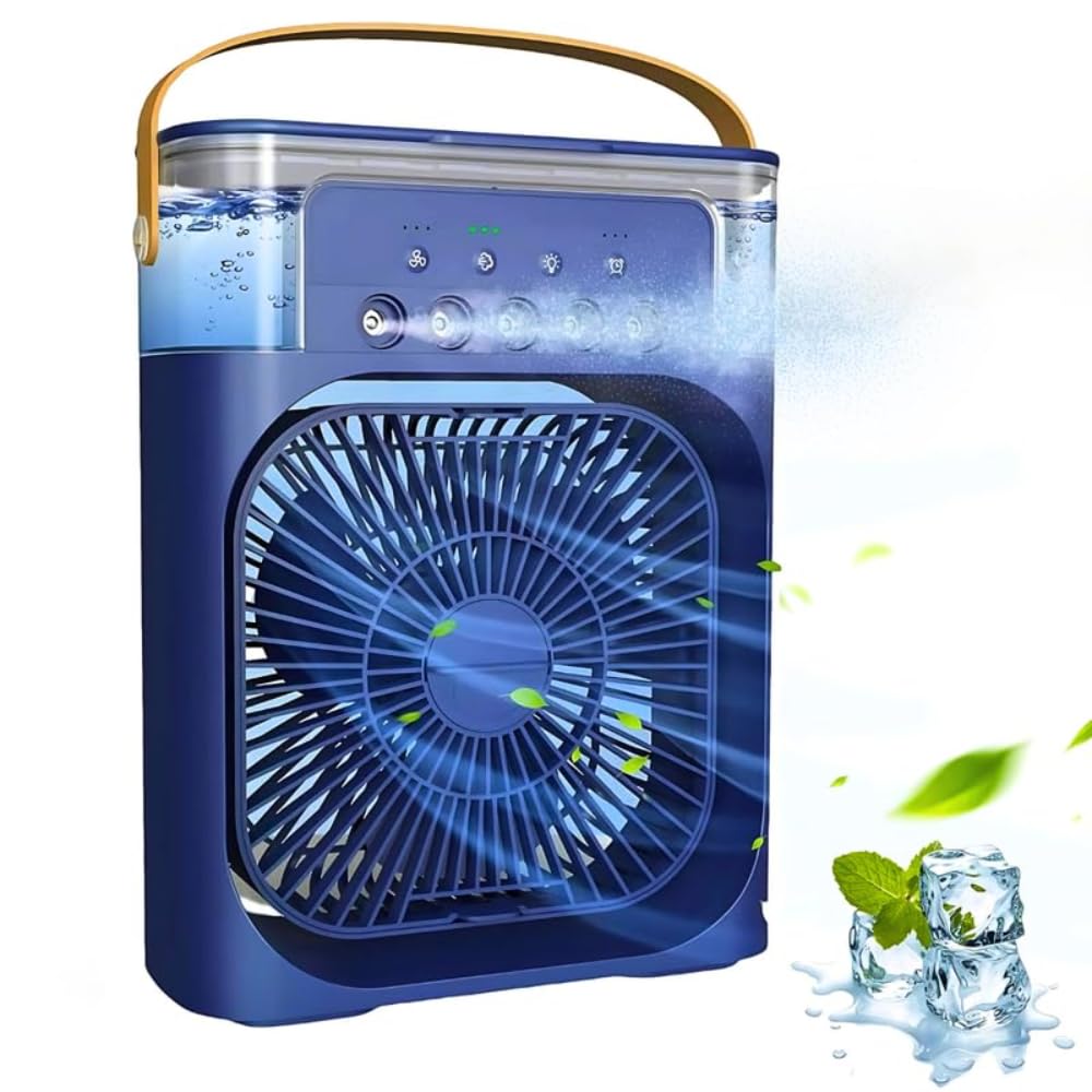 Drumstone 15 Years Warranty Mini Air Cooler & Mist Fan | 3-in-1 Portable Rechargeable AC Fan with LED Night Light, 3 Wind Speeds, Timer, USB Powered | Blue | Ideal for Home & Office