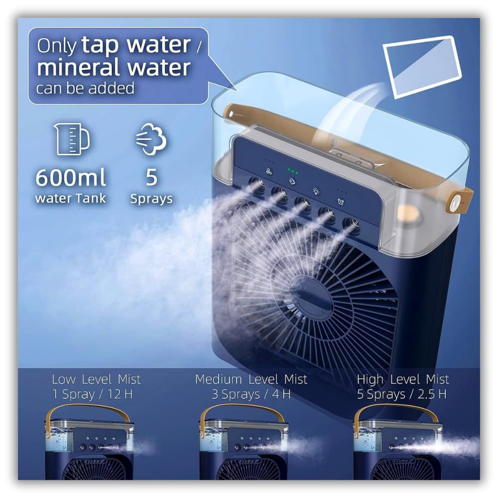 Drumstone 15 Years Warranty Mini Air Cooler & Mist Fan | 3-in-1 Portable Rechargeable AC Fan with LED Night Light, 3 Wind Speeds, Timer, USB Powered | Blue | Ideal for Home & Office