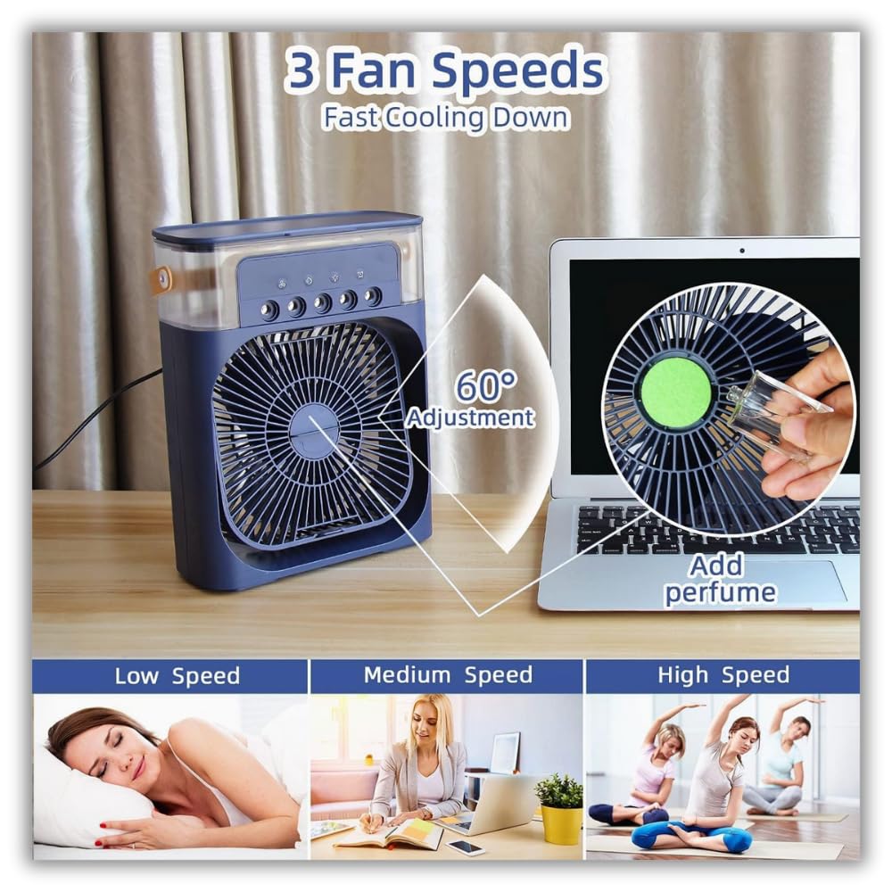 Drumstone 15 Years Warranty Mini Air Cooler & Mist Fan | 3-in-1 Portable Rechargeable AC Fan with LED Night Light, 3 Wind Speeds, Timer, USB Powered | Blue | Ideal for Home & Office