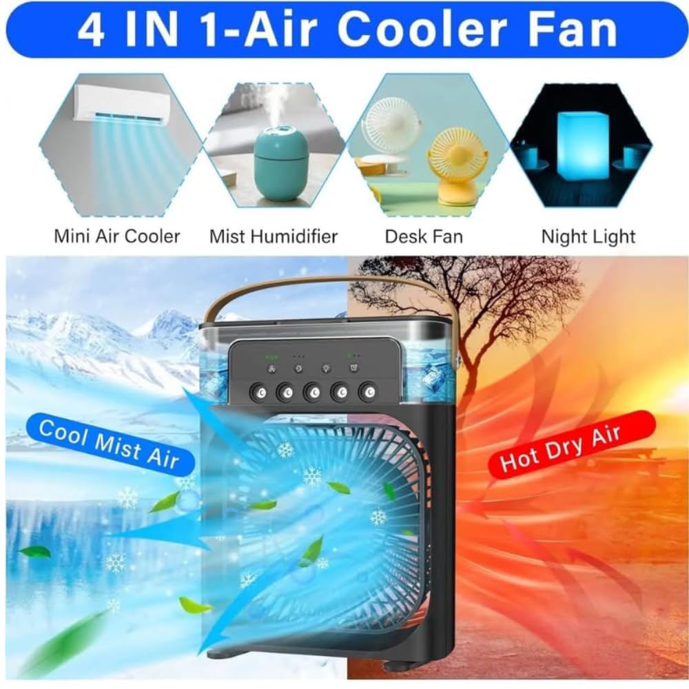 Drumstone 15 Years Warranty Mini Air Cooler & Mist Fan | 3-in-1 Portable Rechargeable AC Fan with LED Night Light, 3 Wind Speeds, Timer, USB Powered | Blue | Ideal for Home & Office